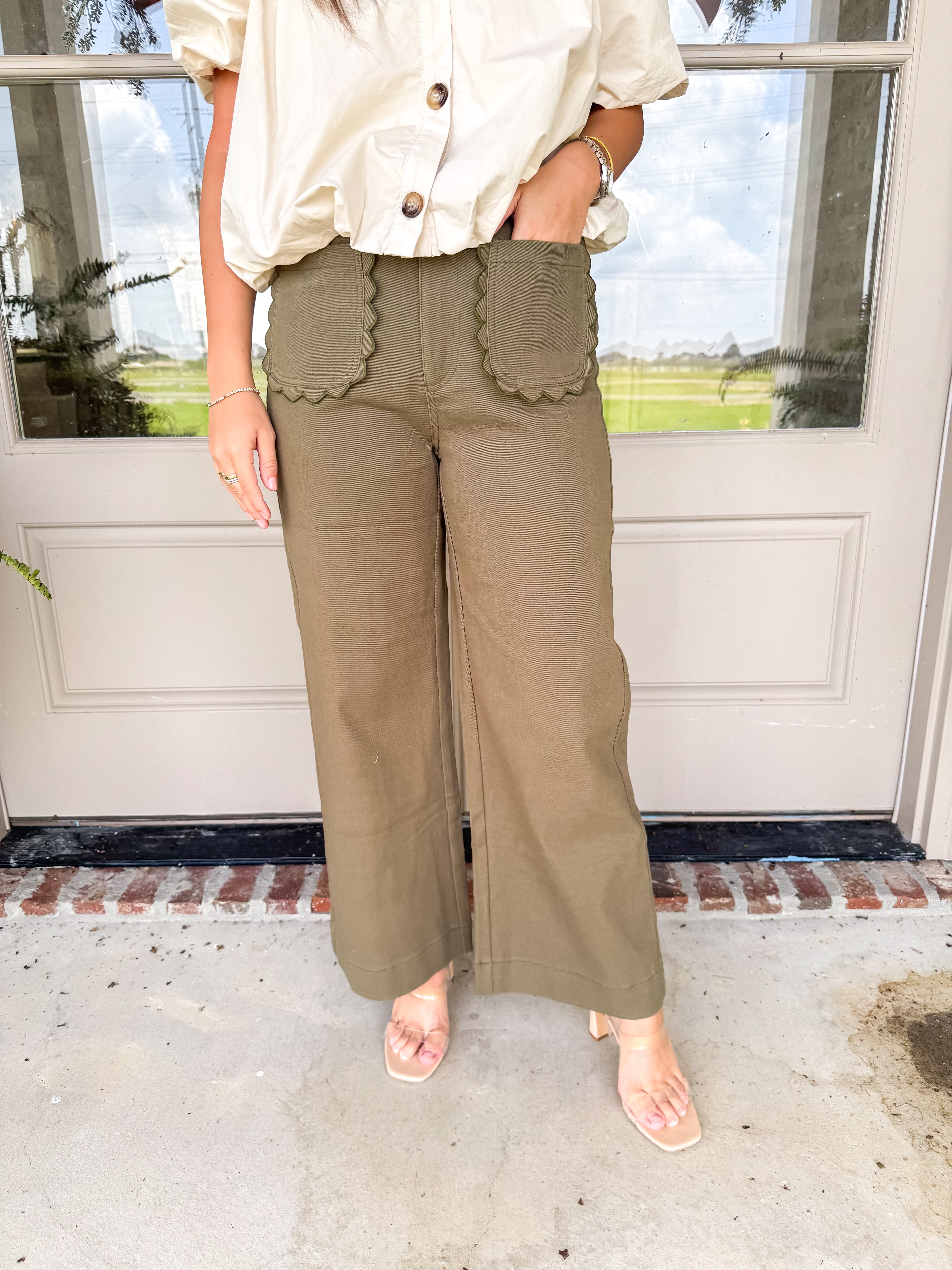 Scalloped Wide Leg Trousers Olive