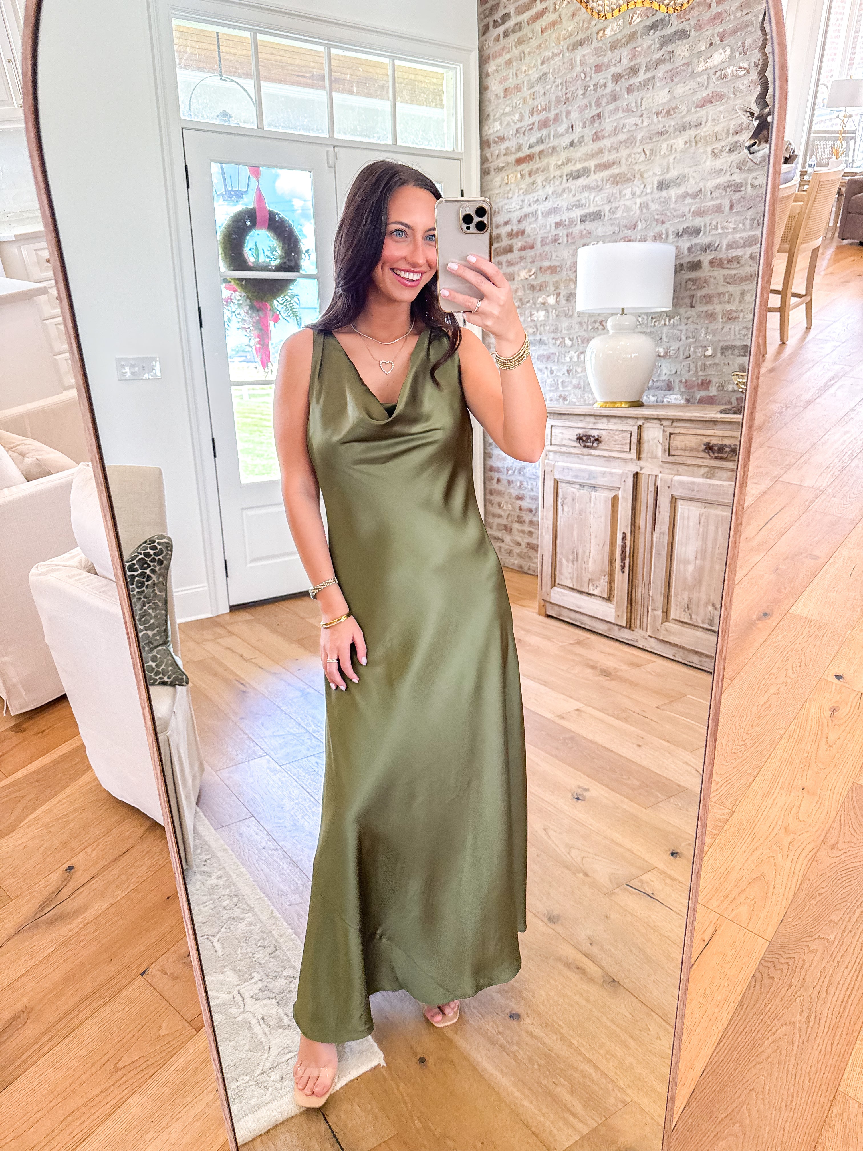 Olive Hour Satin Cowl Maxi Dress