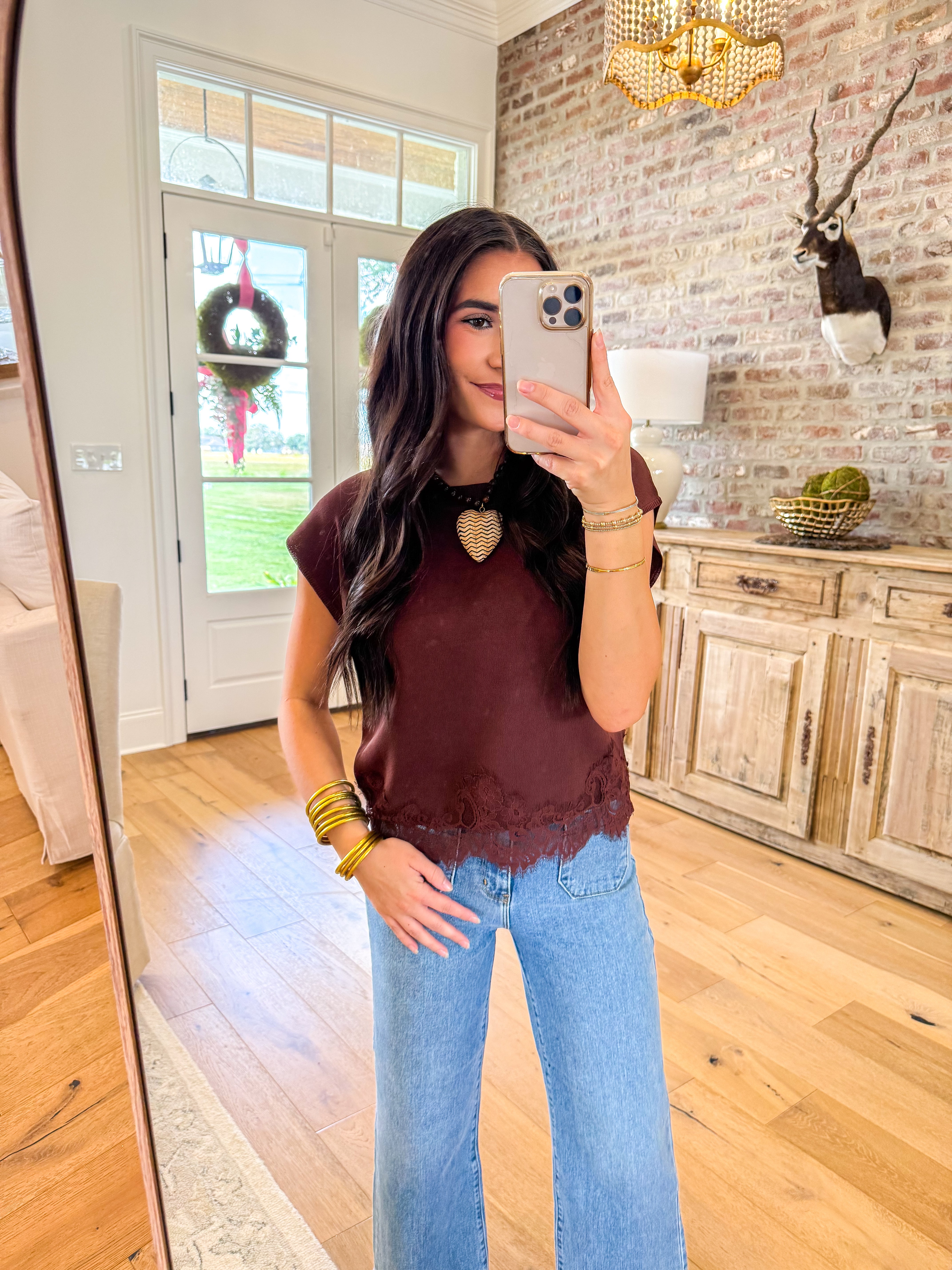 Everly Lace-Trim Sweater Knit Top Brown