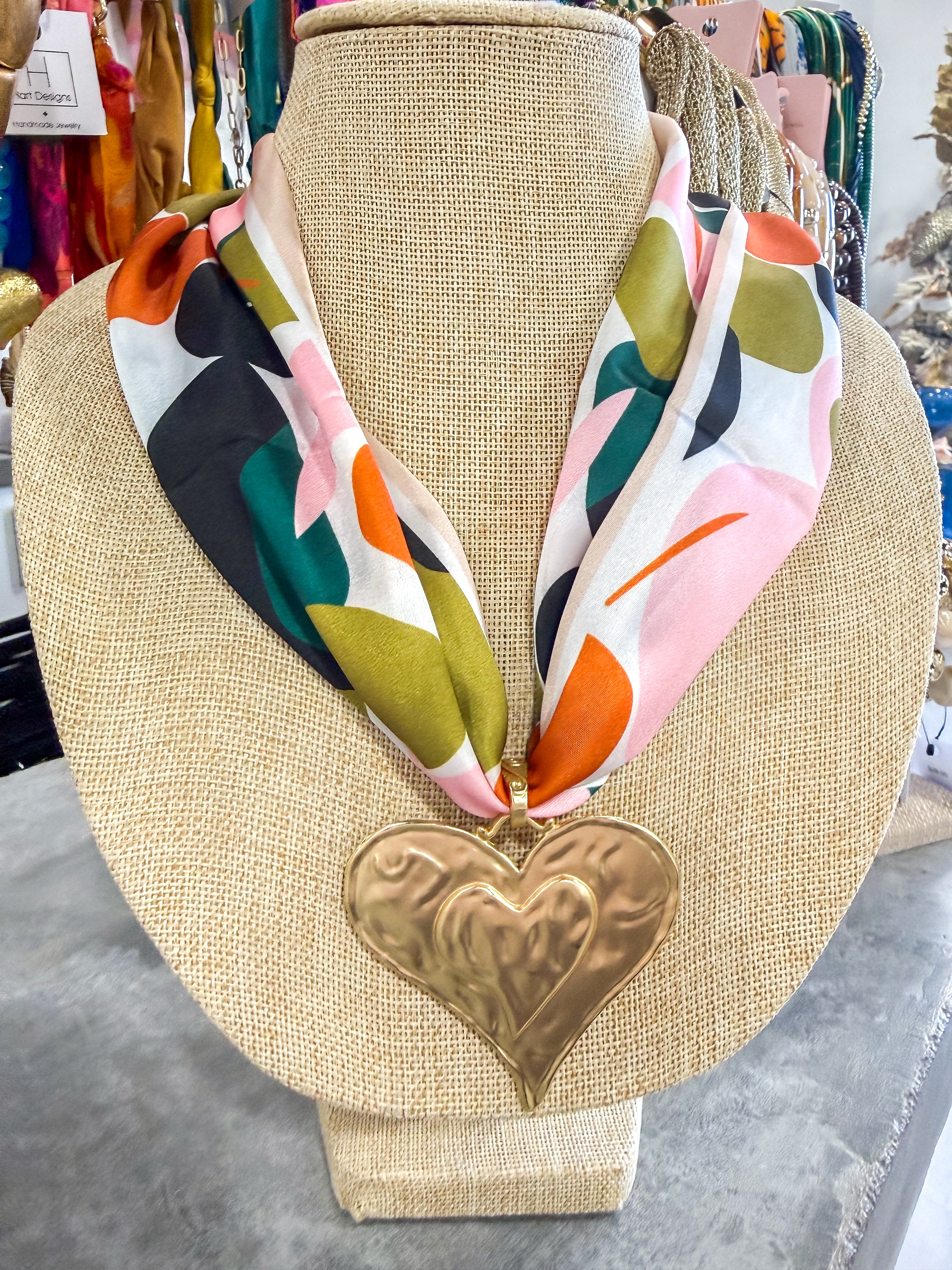 Large Heart Abstract Colorful Scarf Necklace