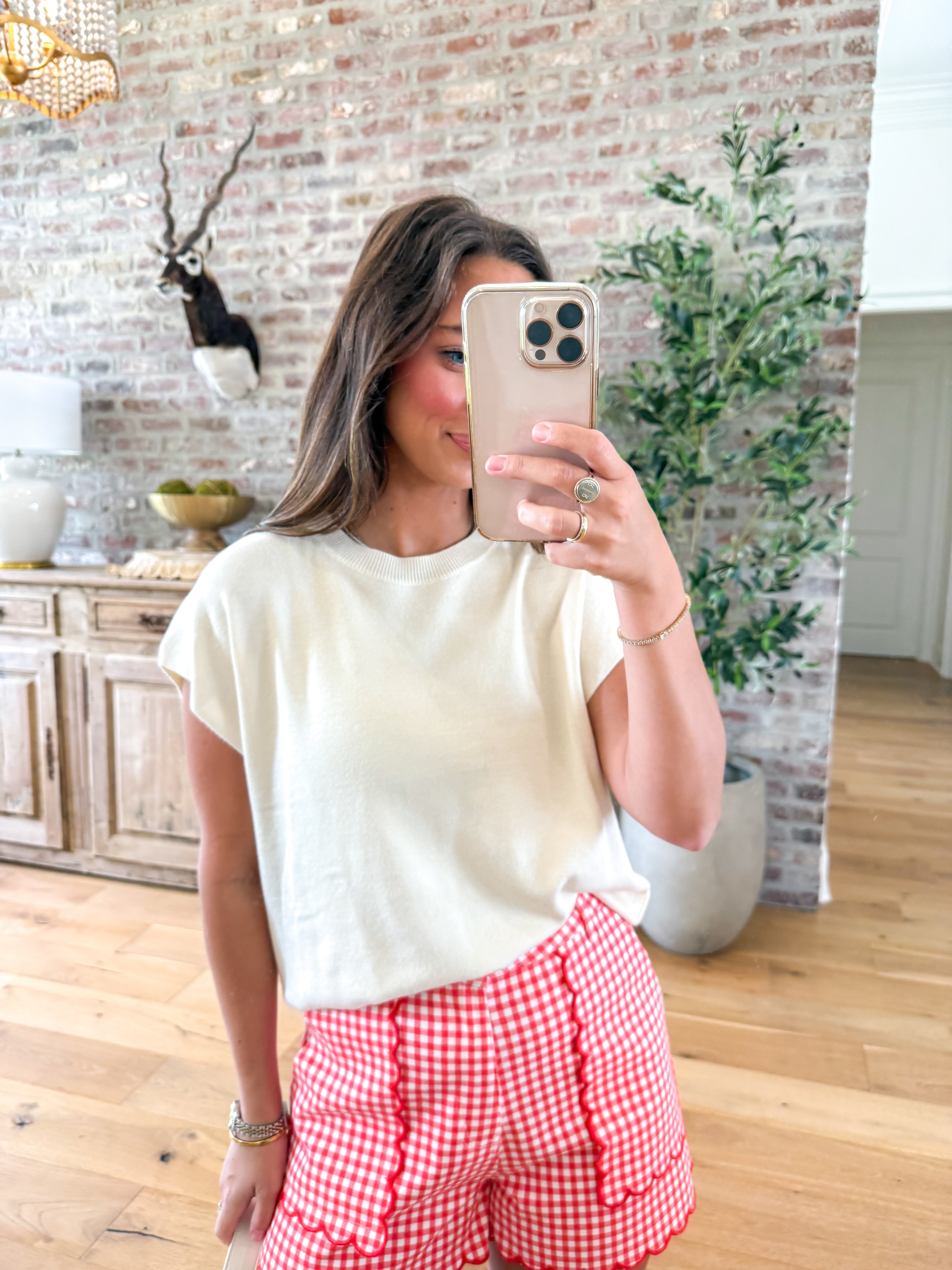 Crimson Check Scallop Shorts
