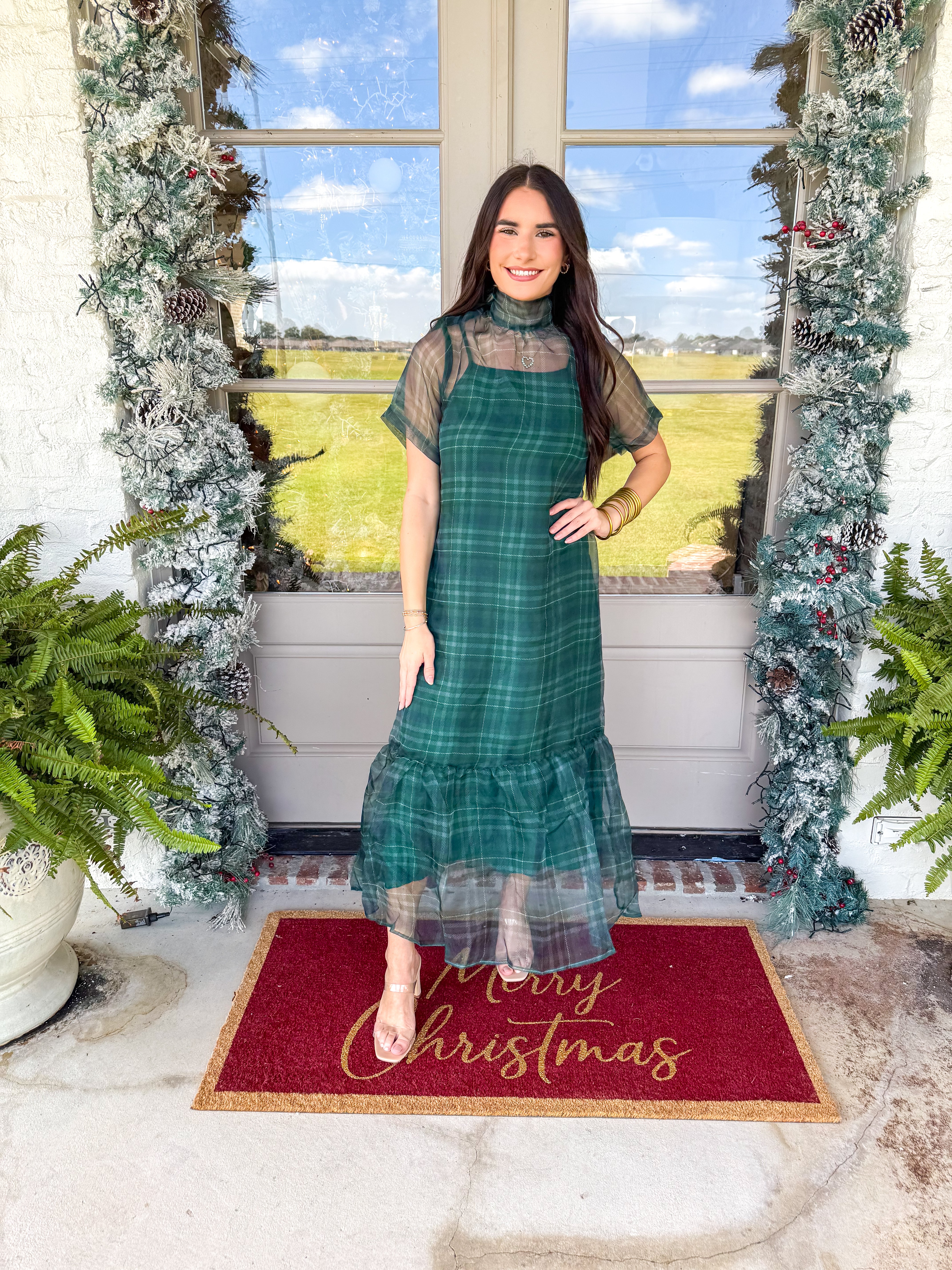 Green Plaid Organza Midi Dress