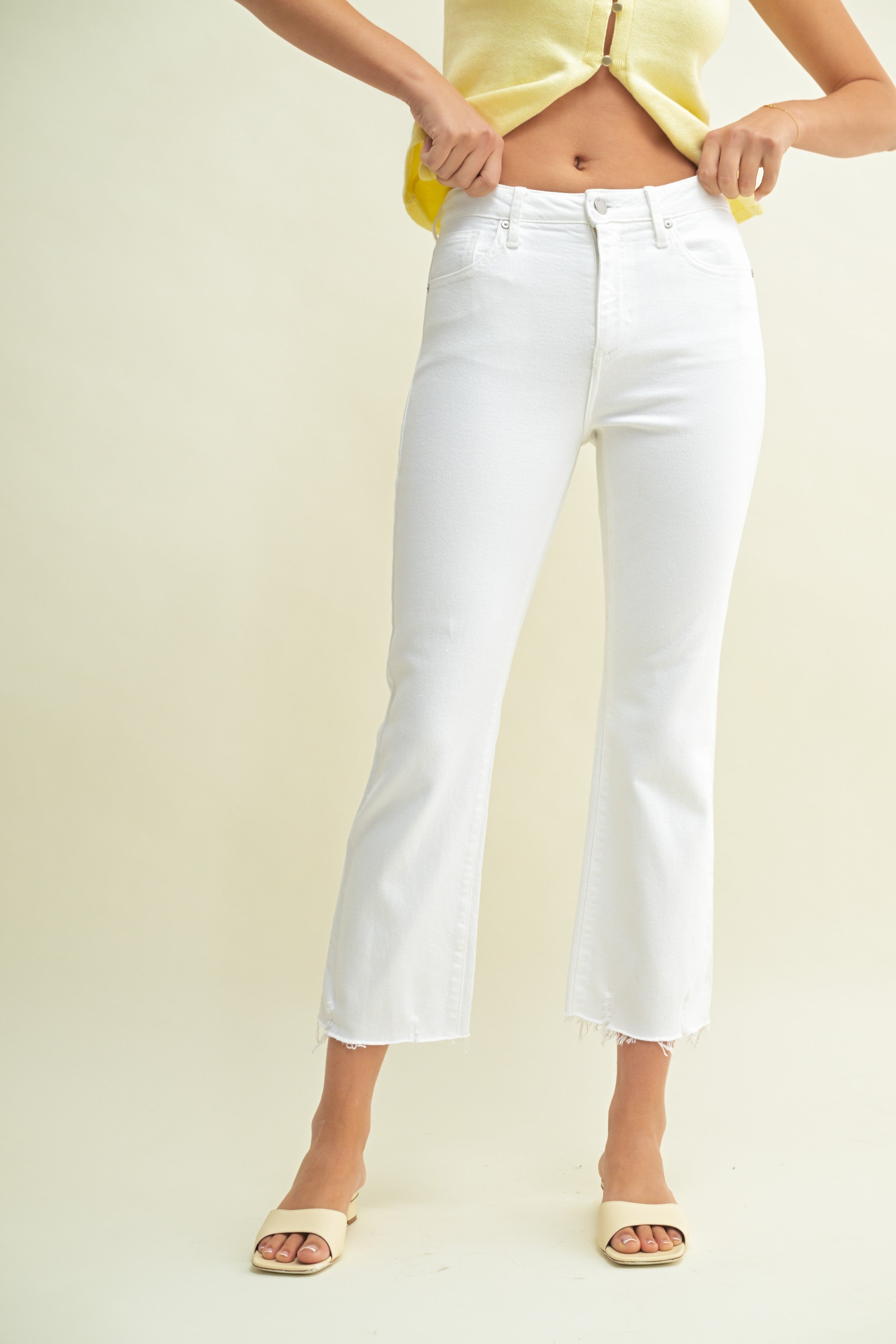 White HR Crop Flare W/ Distressed Hem