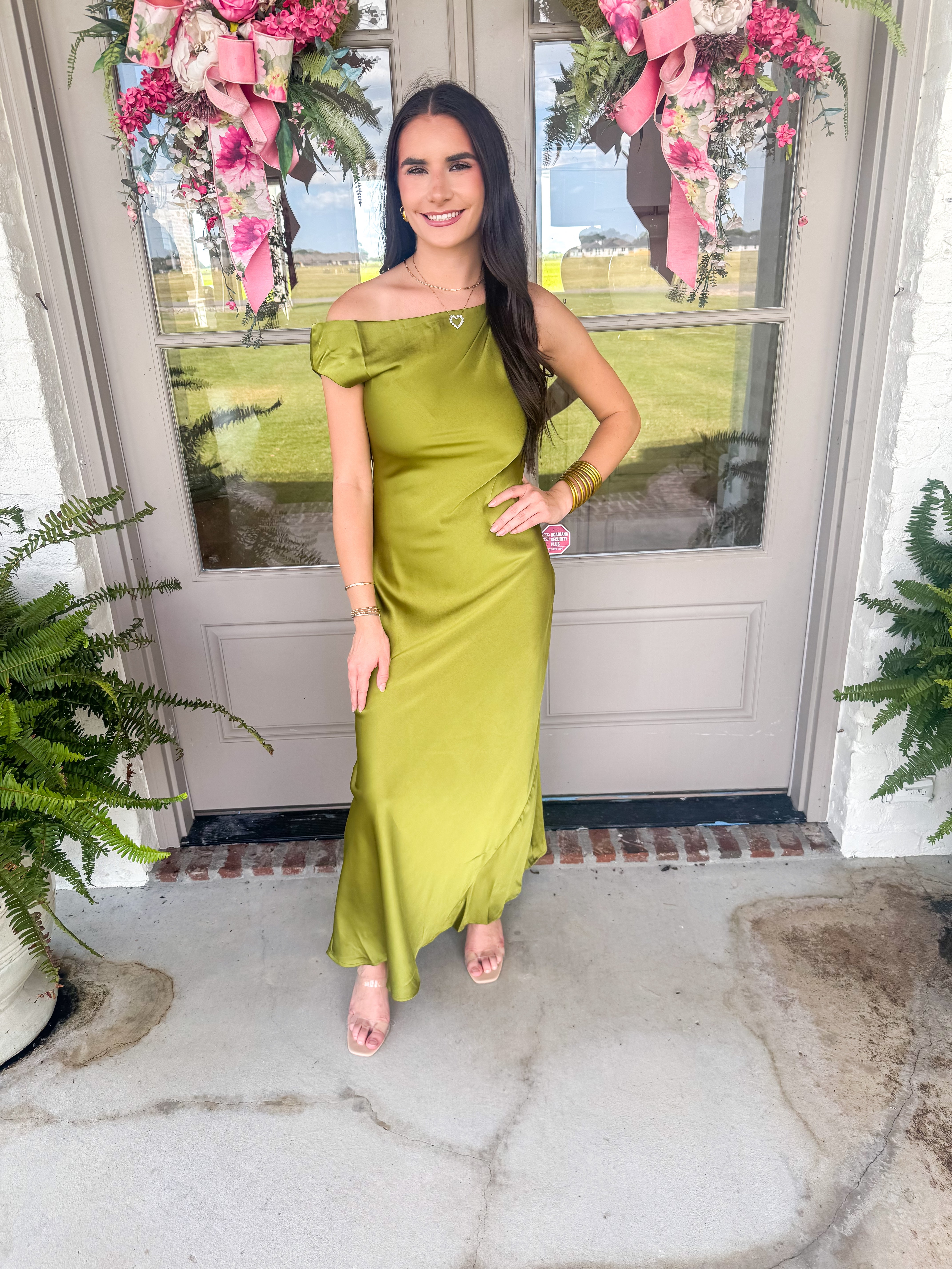 The Olive Hour One-Shoulder Satin Maxi Dress