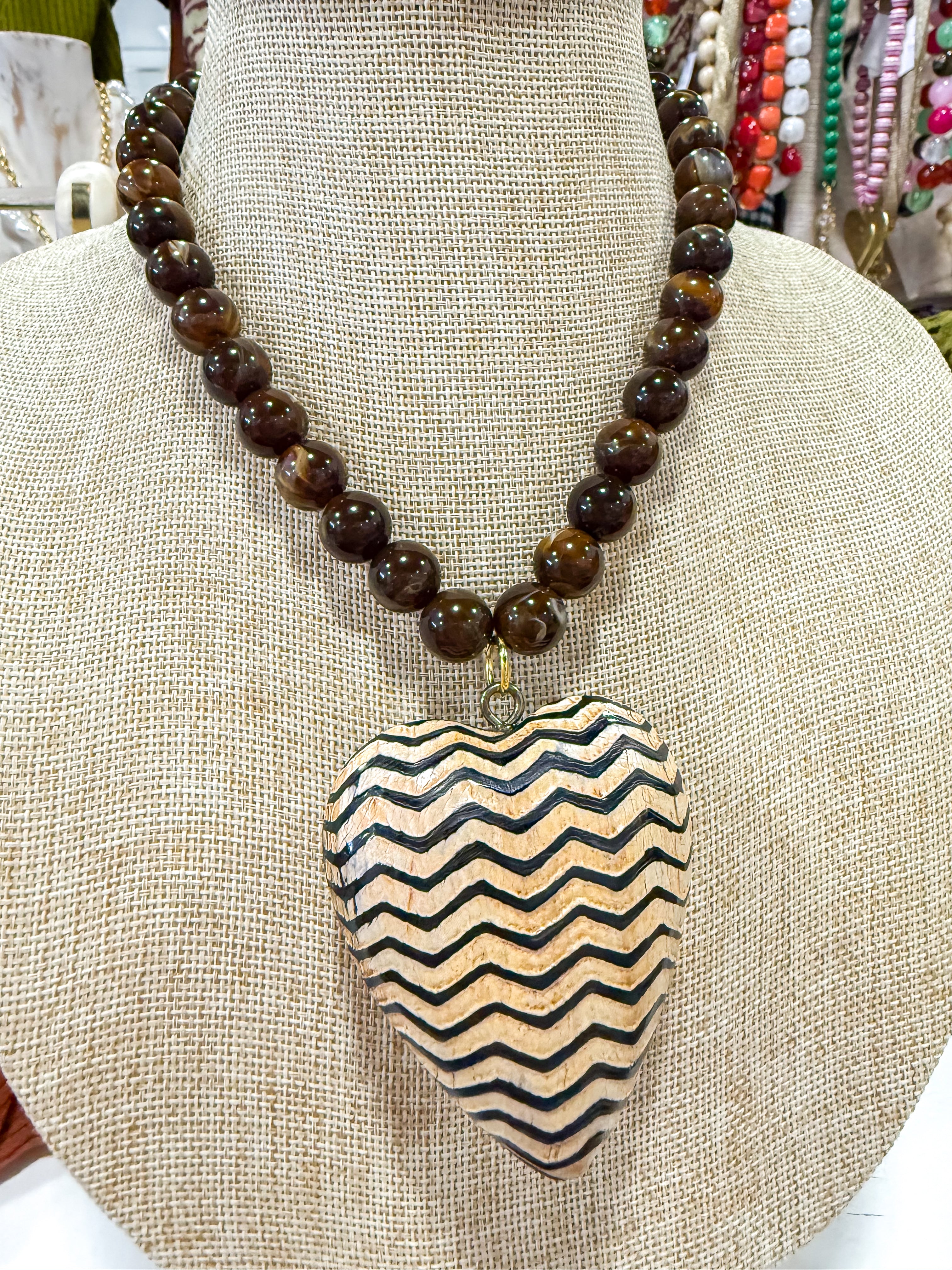 Large Chevron Heart Brown Beaded Necklace