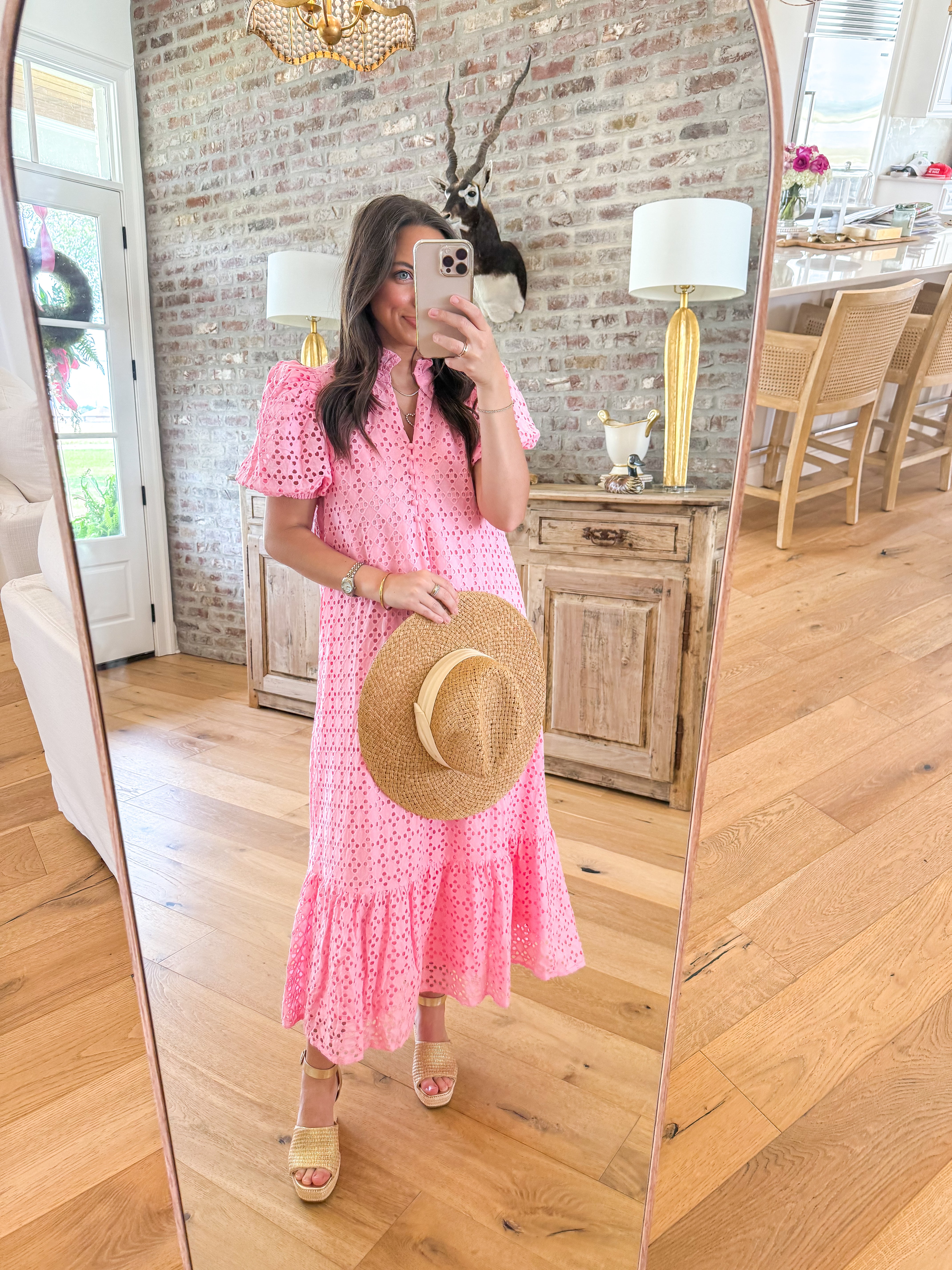 Evelyn Pink Eyelet Midi Dress