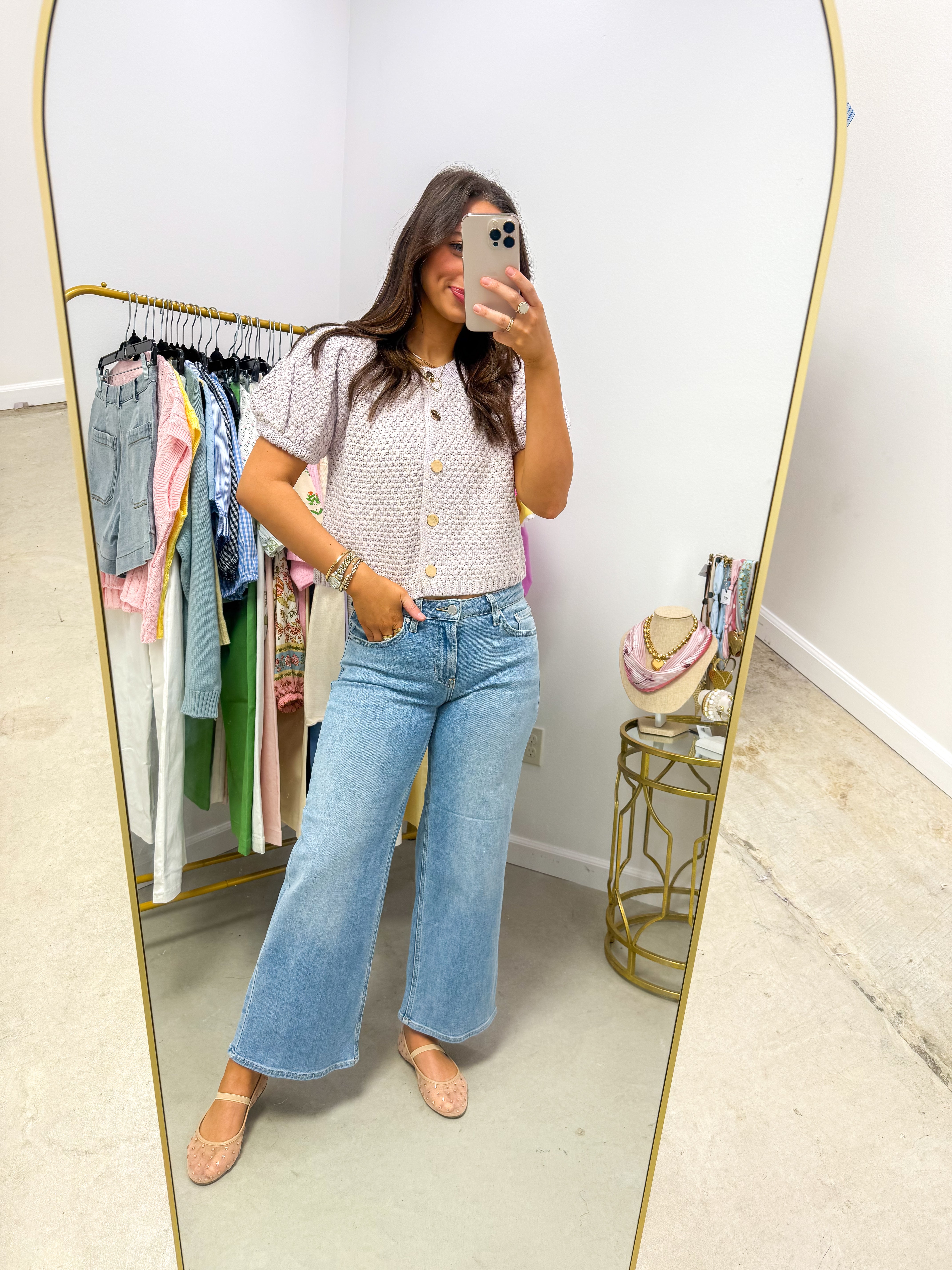 Karlie Knit Lavender Puff Sleeve Cardigan