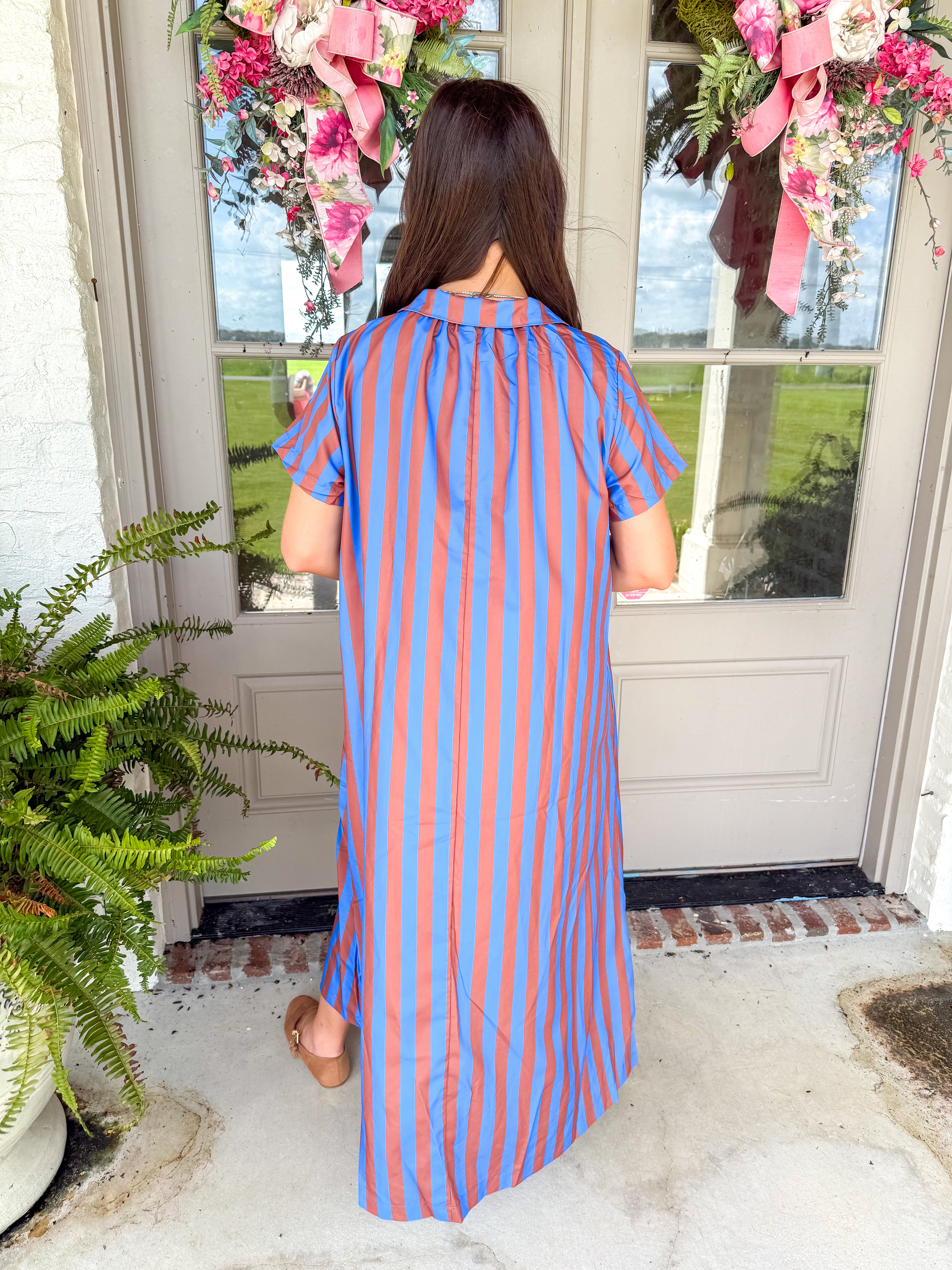 Royal Stripe High-Neck Midi Dress