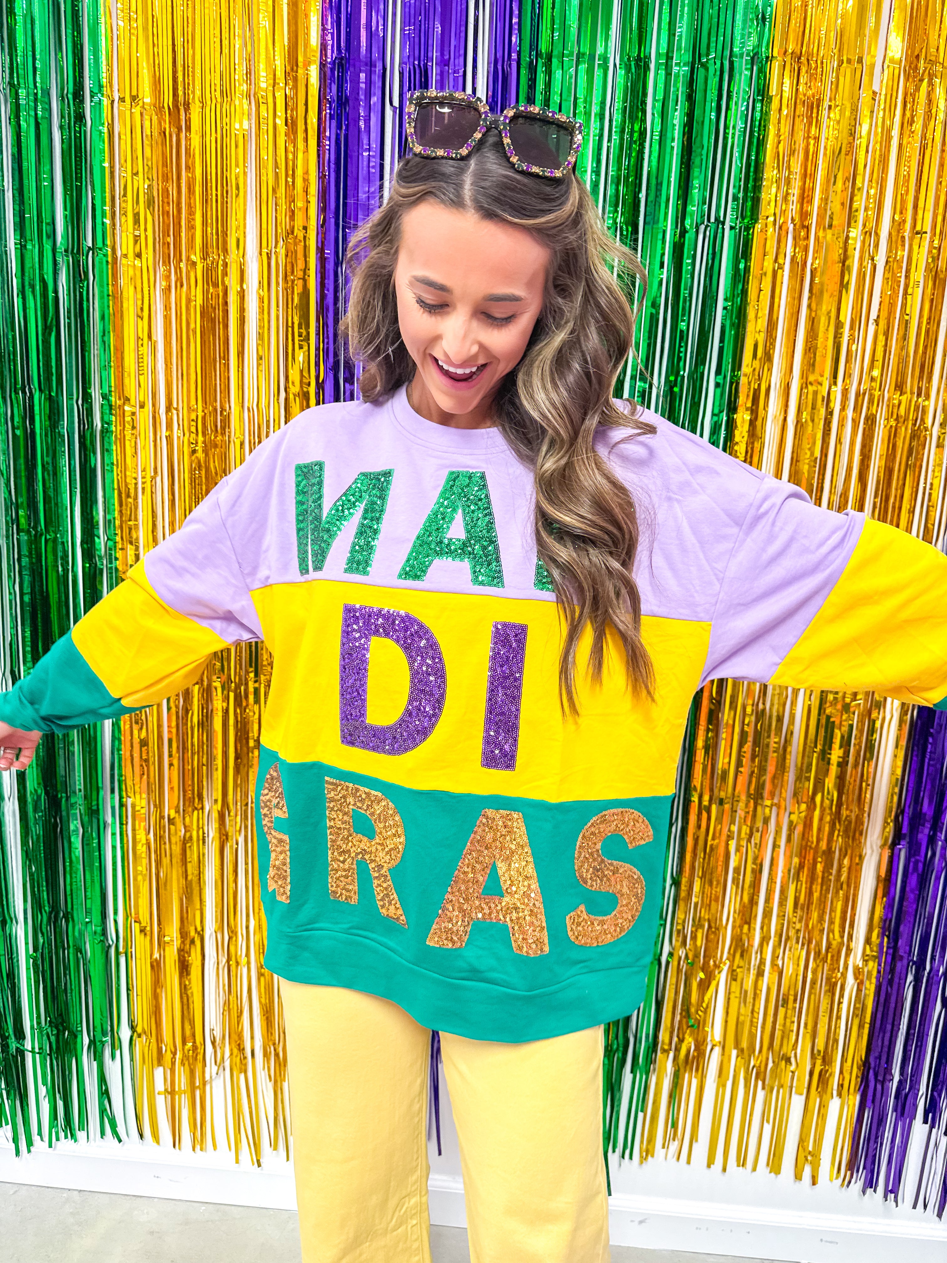 Sequin Mardi Gras Words Colorblock Sweater
