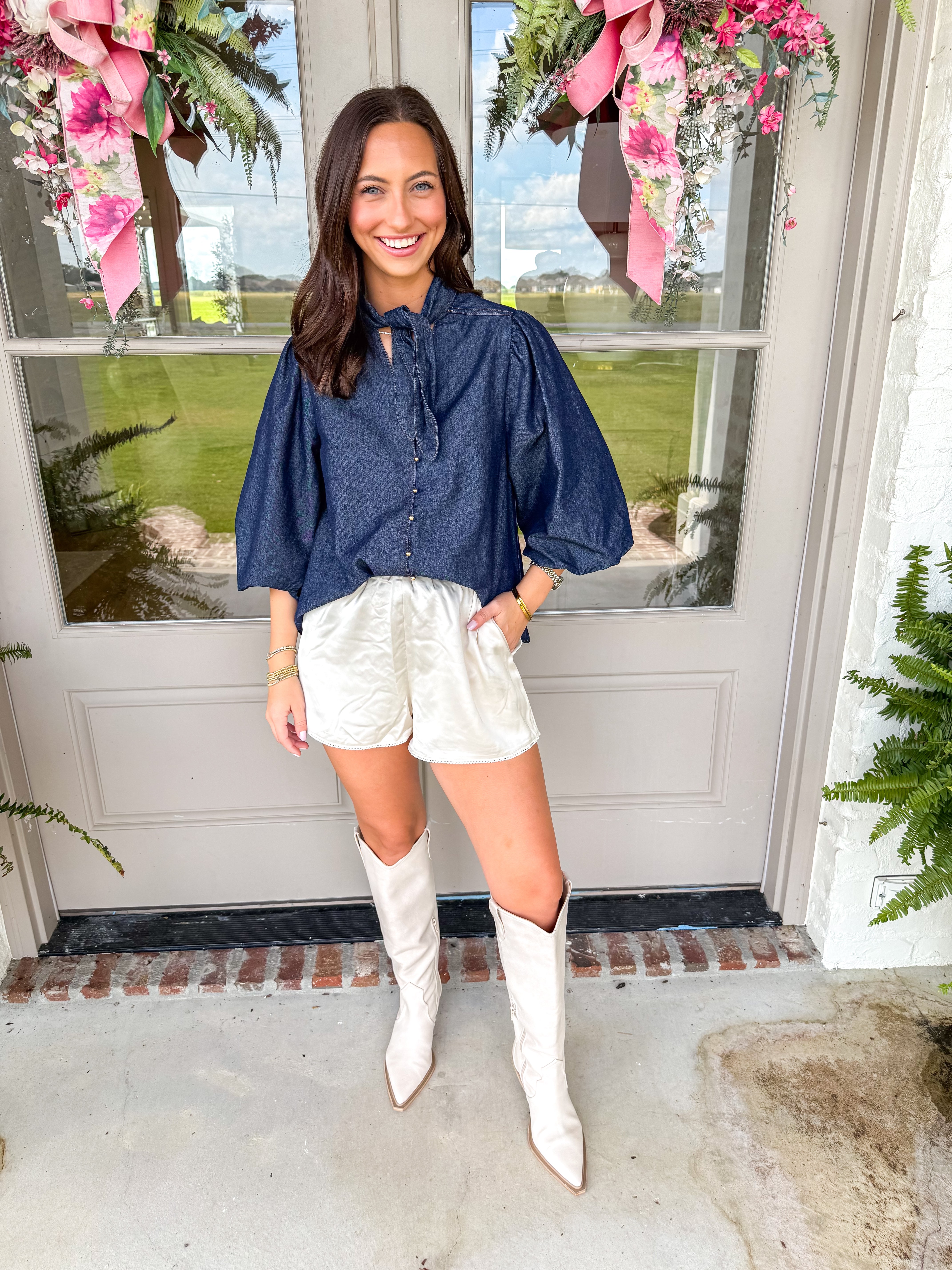 The Indigo Tie-Neck Puff Sleeve Top
