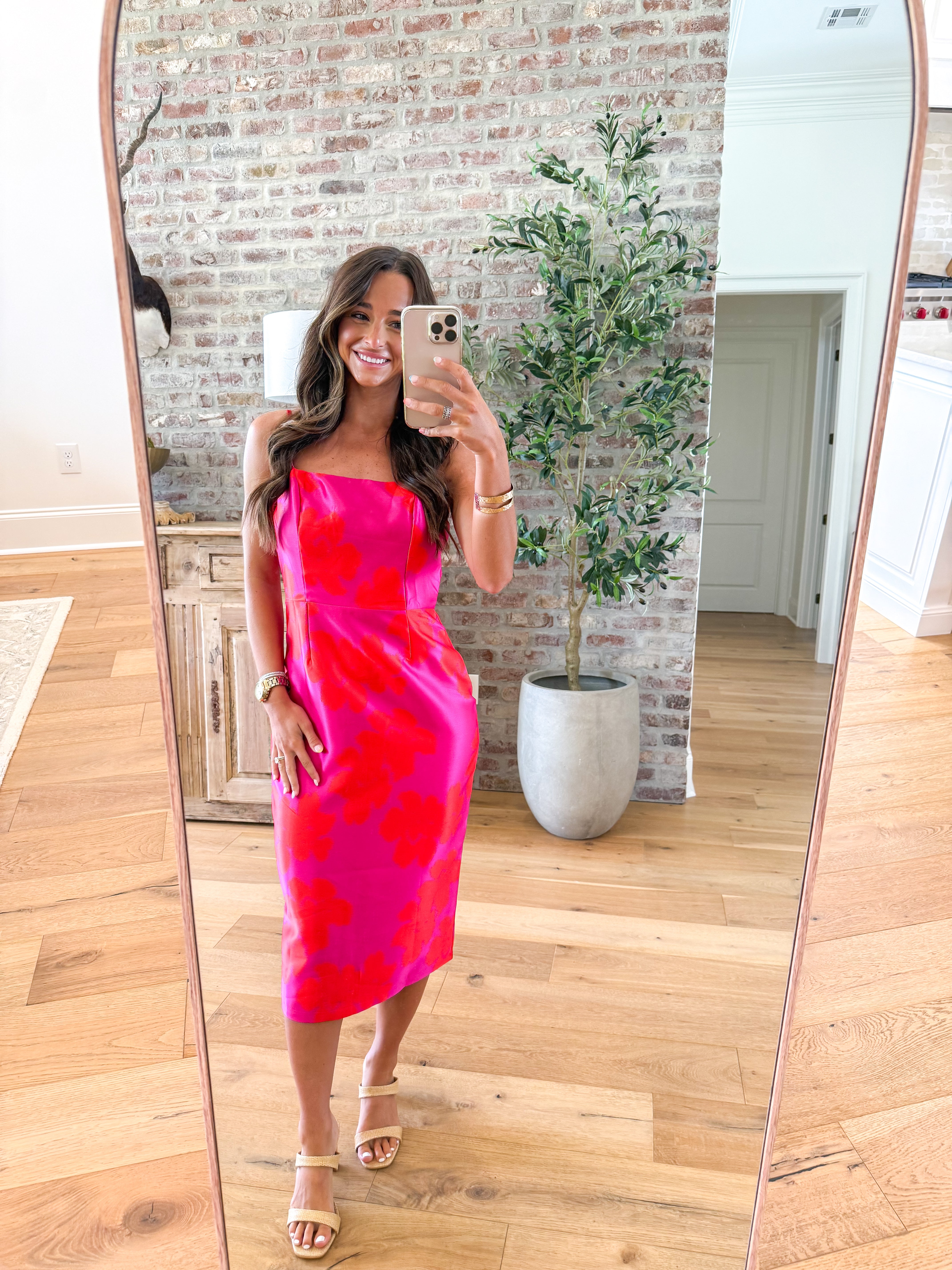 Fuchsia Garden Floral Satin Midi Dress