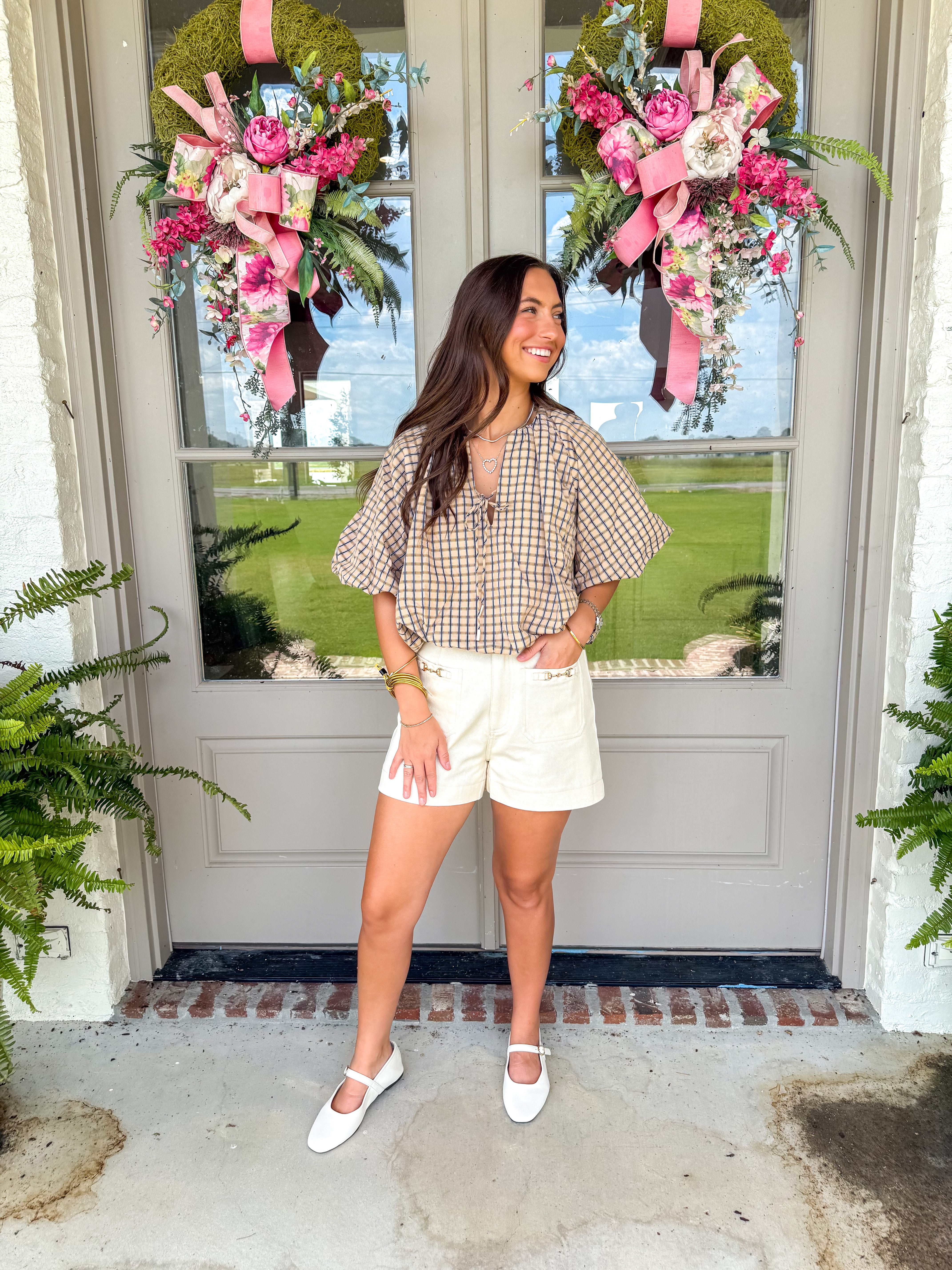 Camel Plaid Puff Sleeve Top
