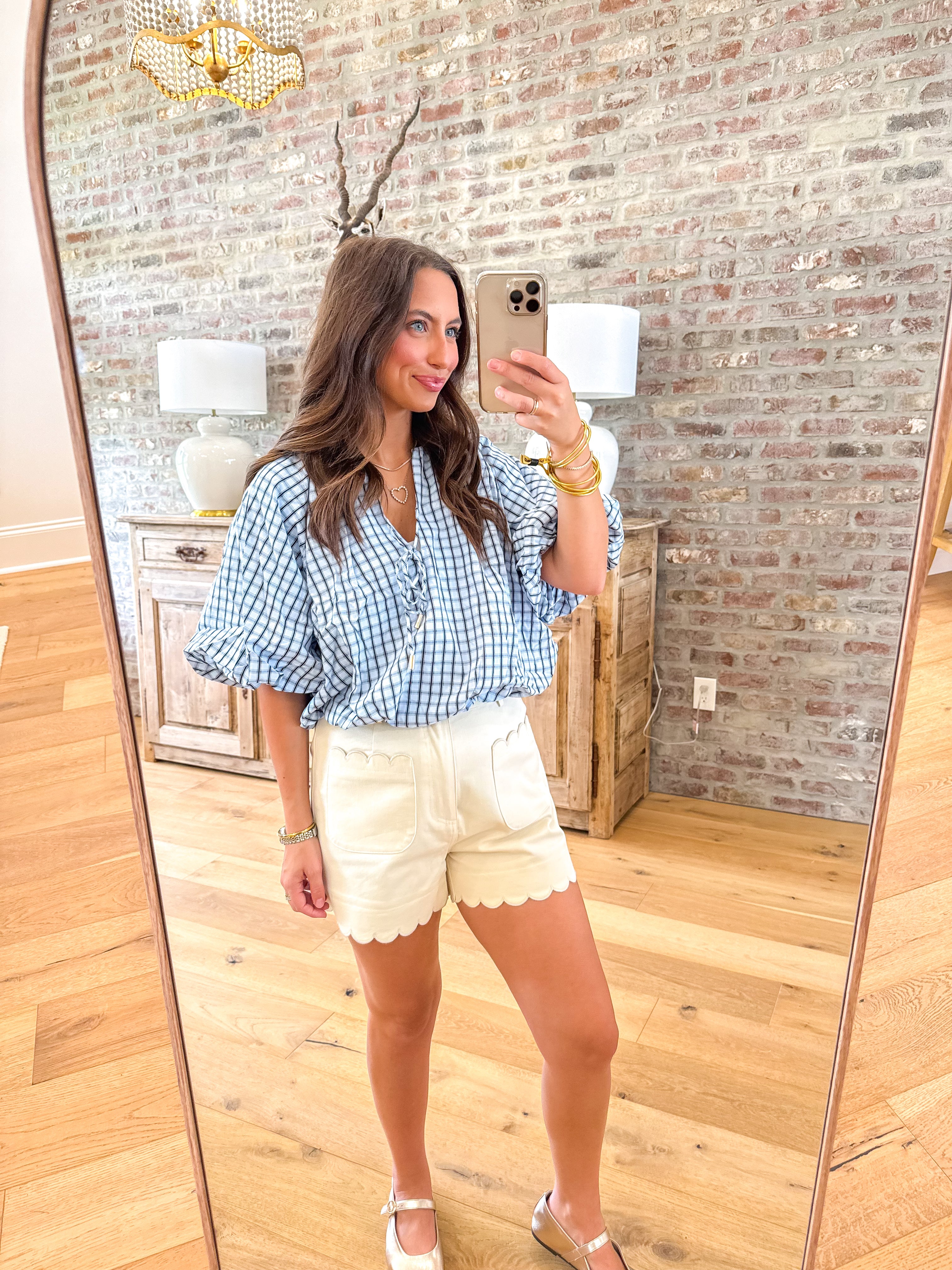Chambray Plaid Puff Sleeve Top