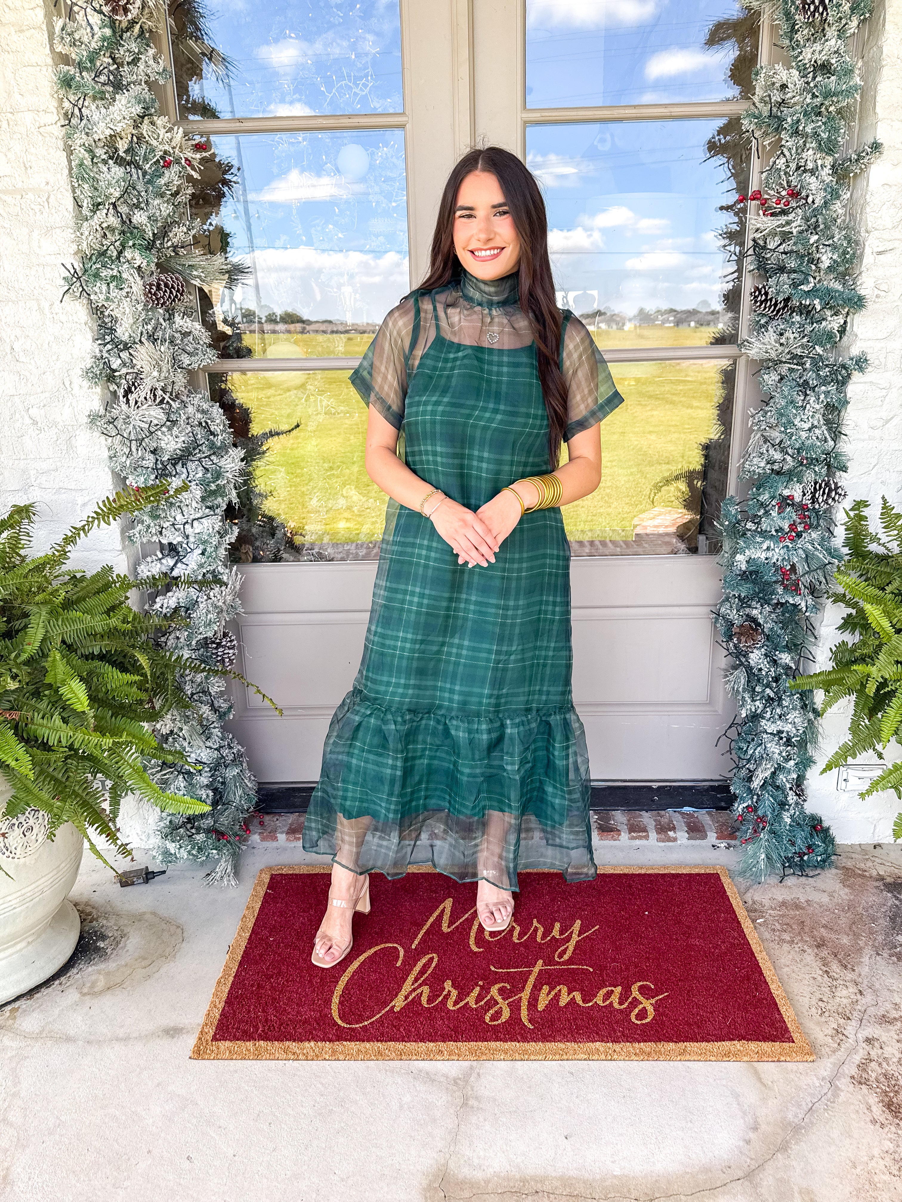 Green Plaid Organza Midi Dress