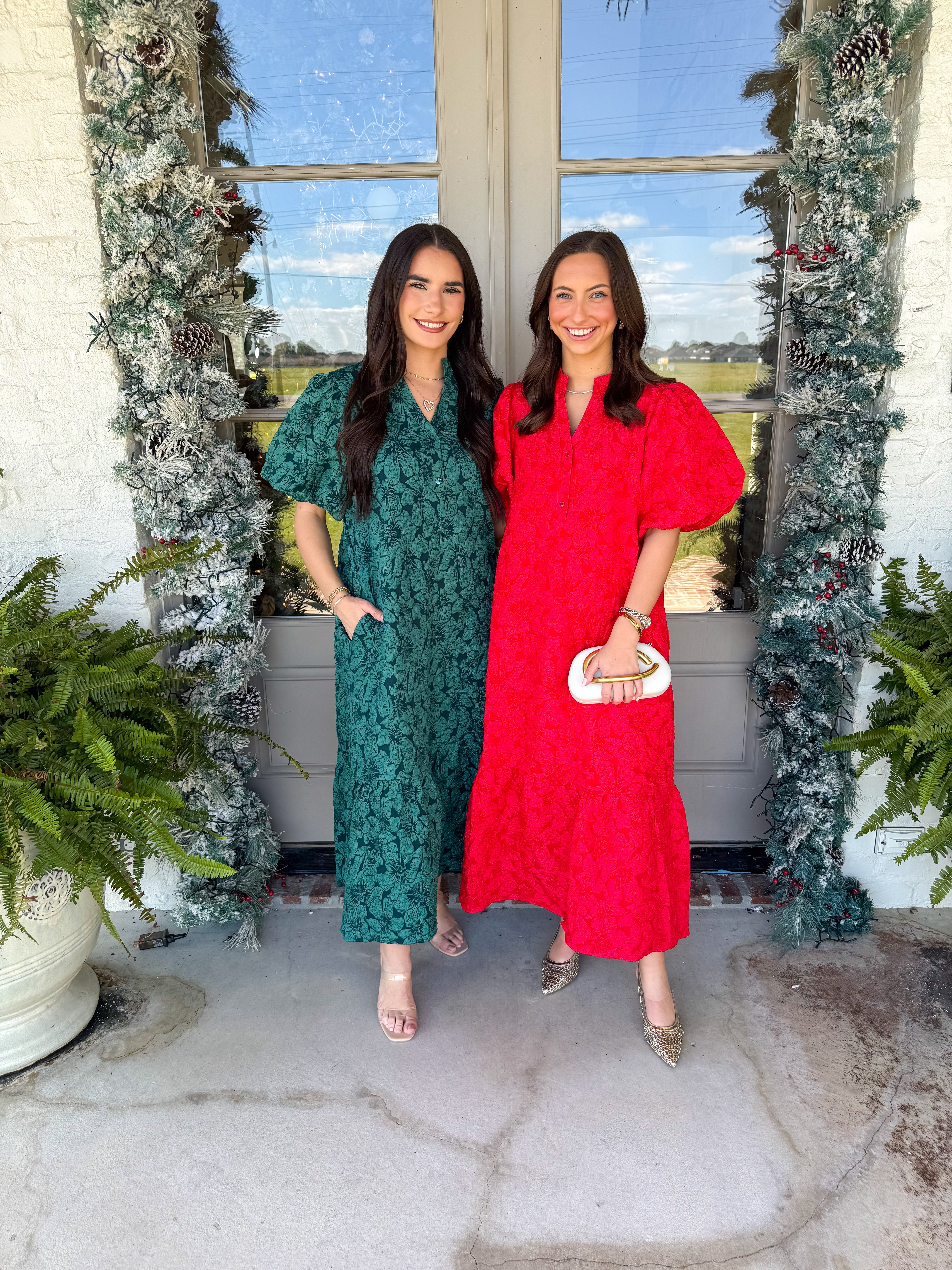 Emerald Puff Sleeve Jacquard Midi Dress
