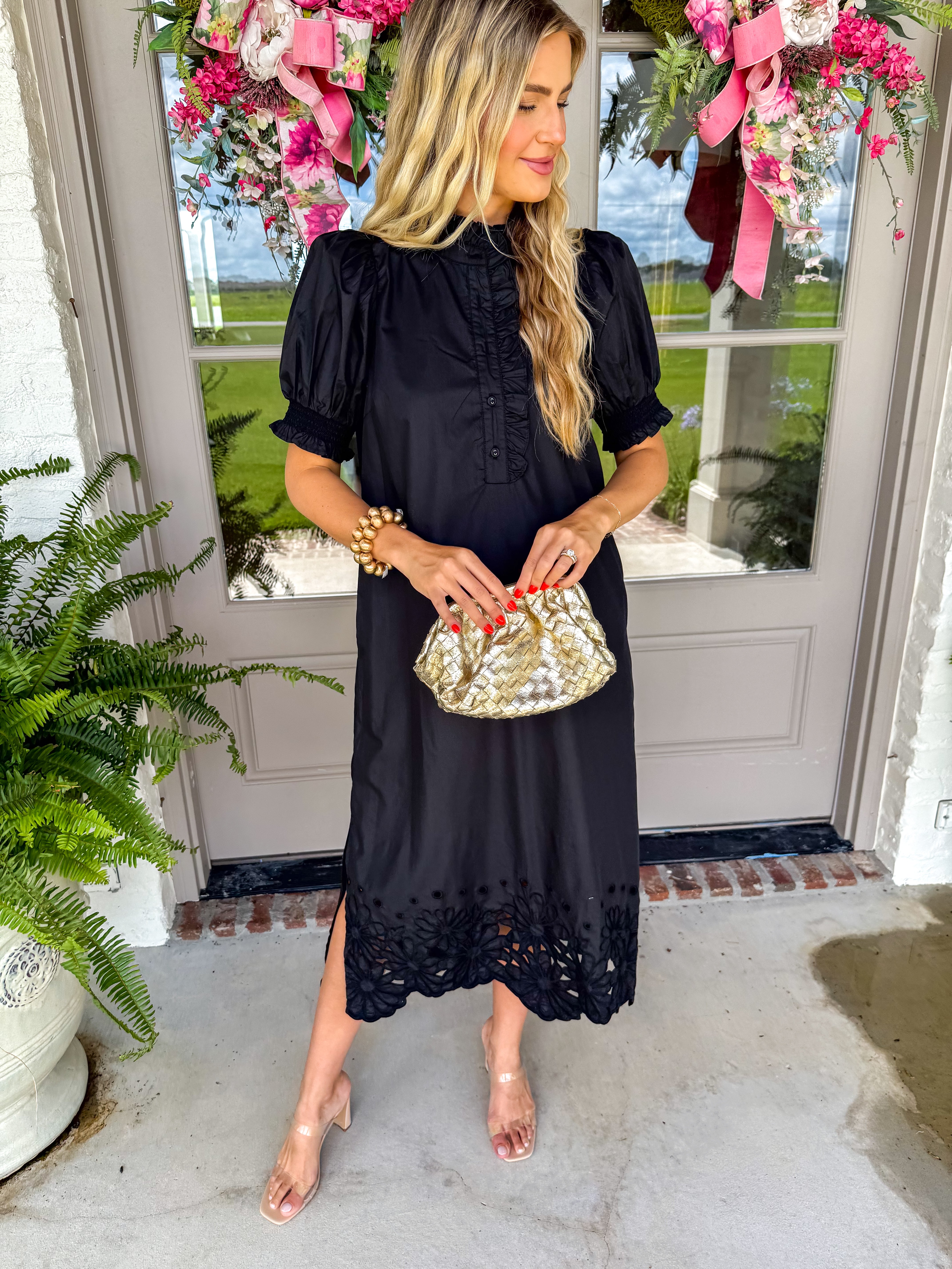 Black Ruffle Embroidered Midi
