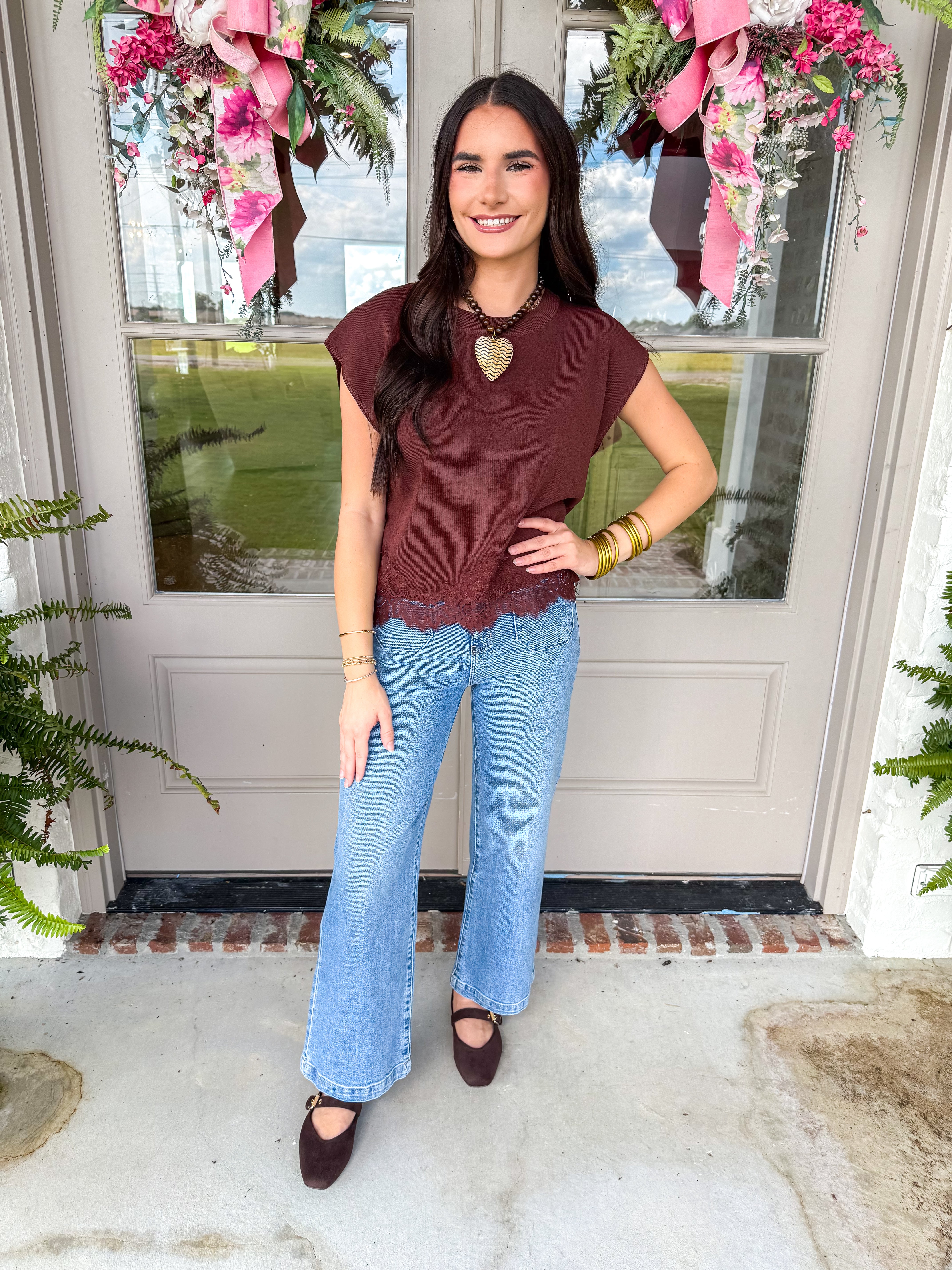 Everly Lace-Trim Sweater Knit Top Brown
