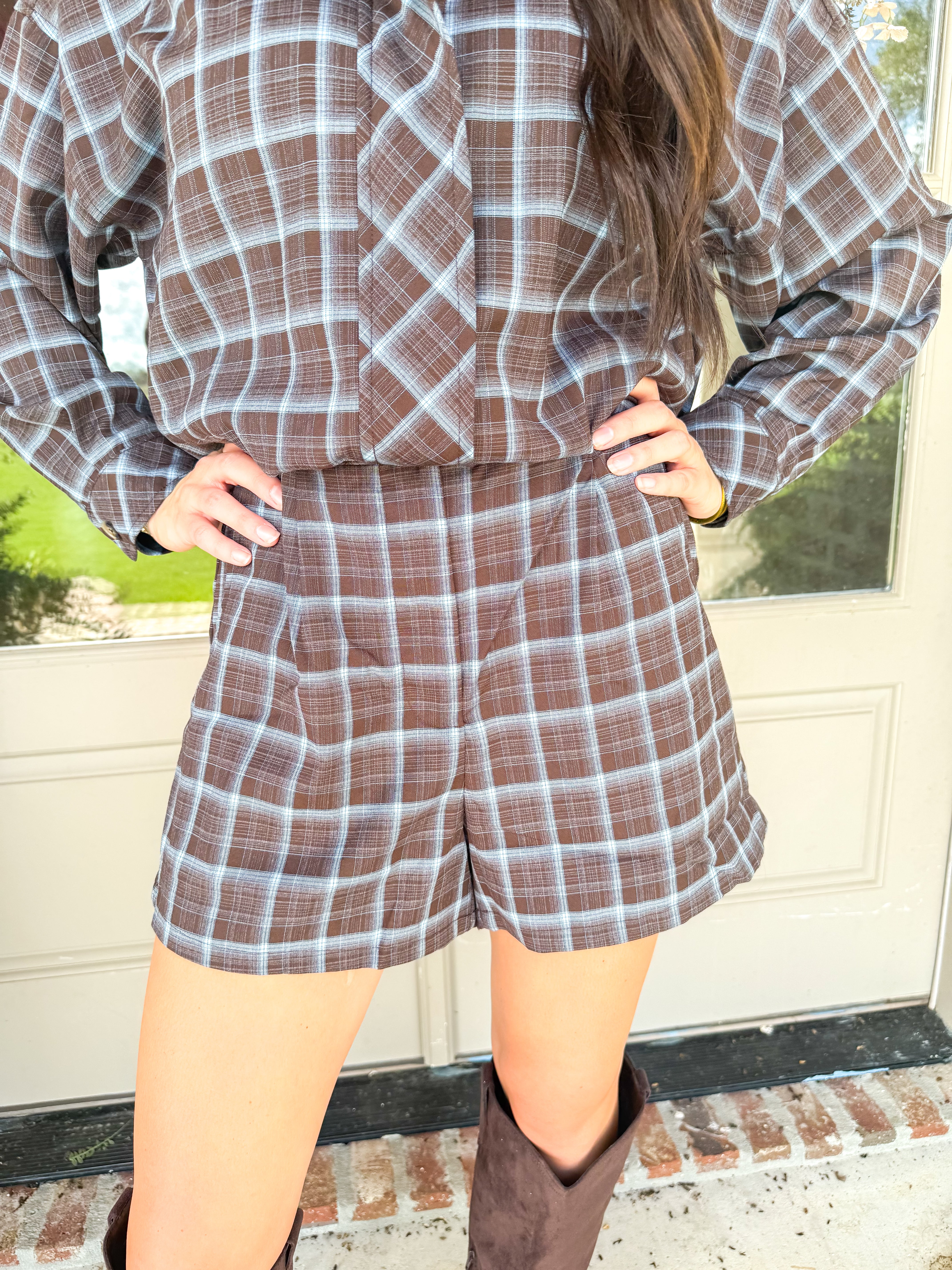 Baby Blue/Brown Plaid Pleated Shorts