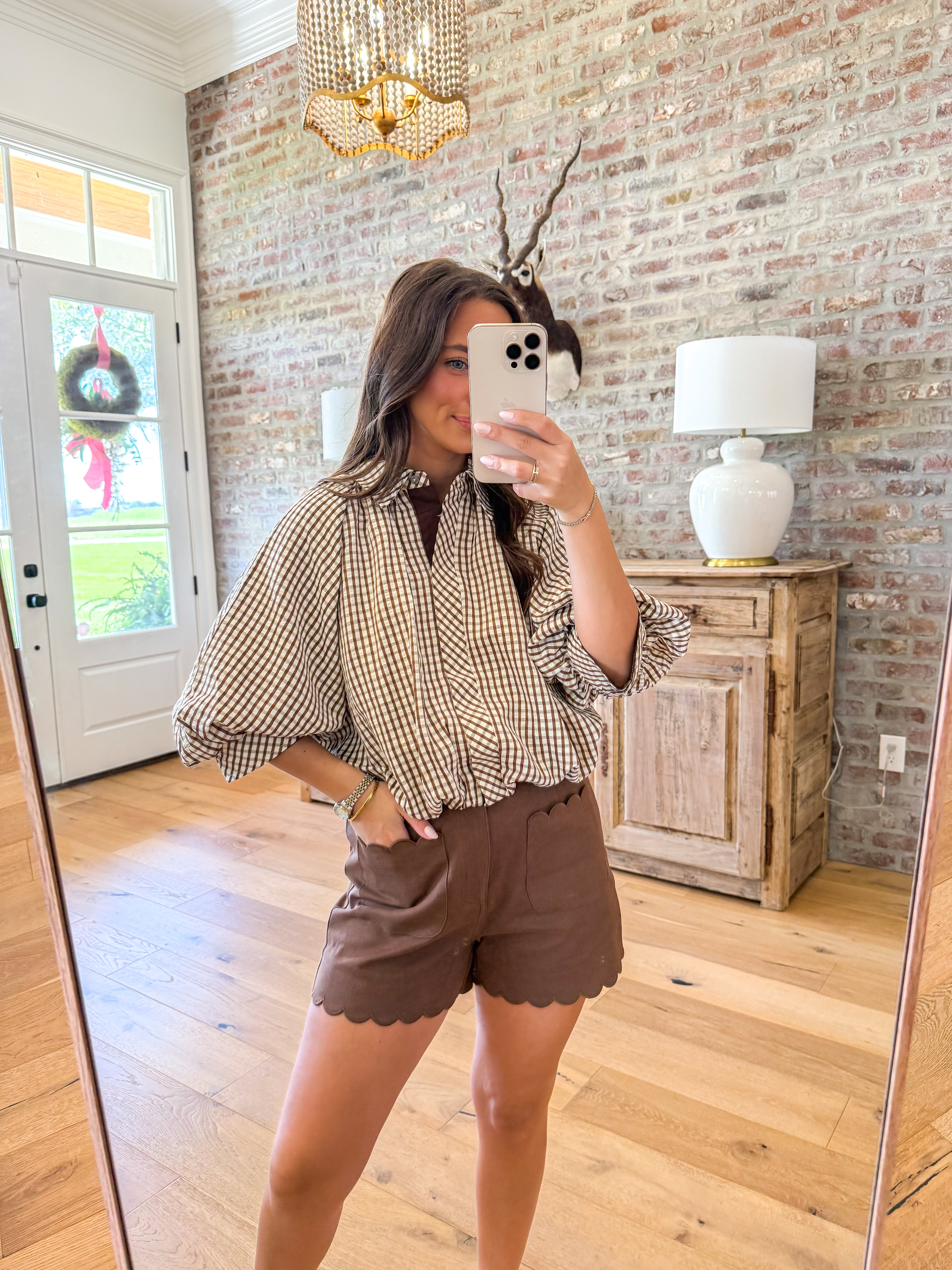 Brown Gingham Balloon Sleeve Top