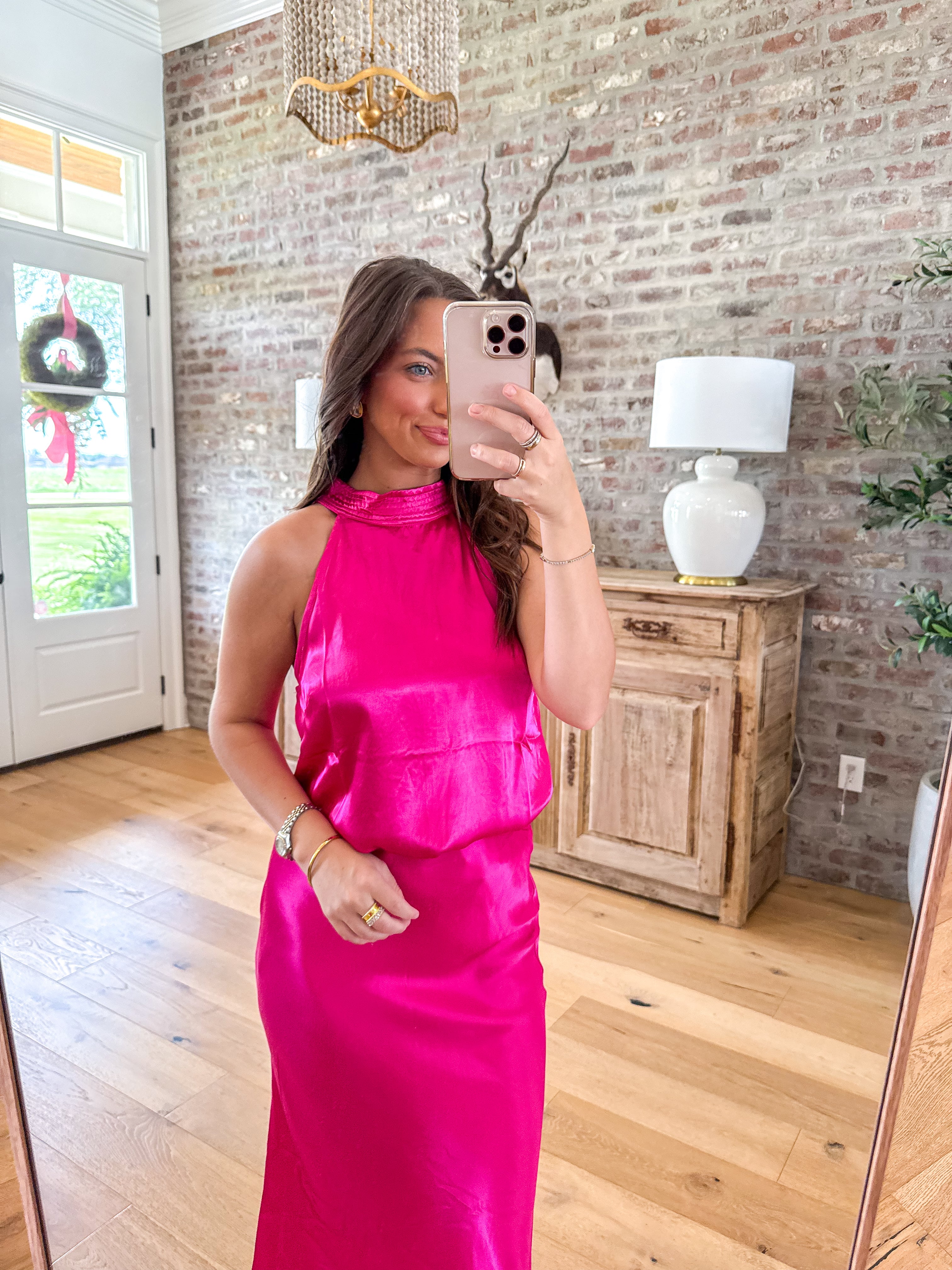Satin Glow Pink Midi Skirt