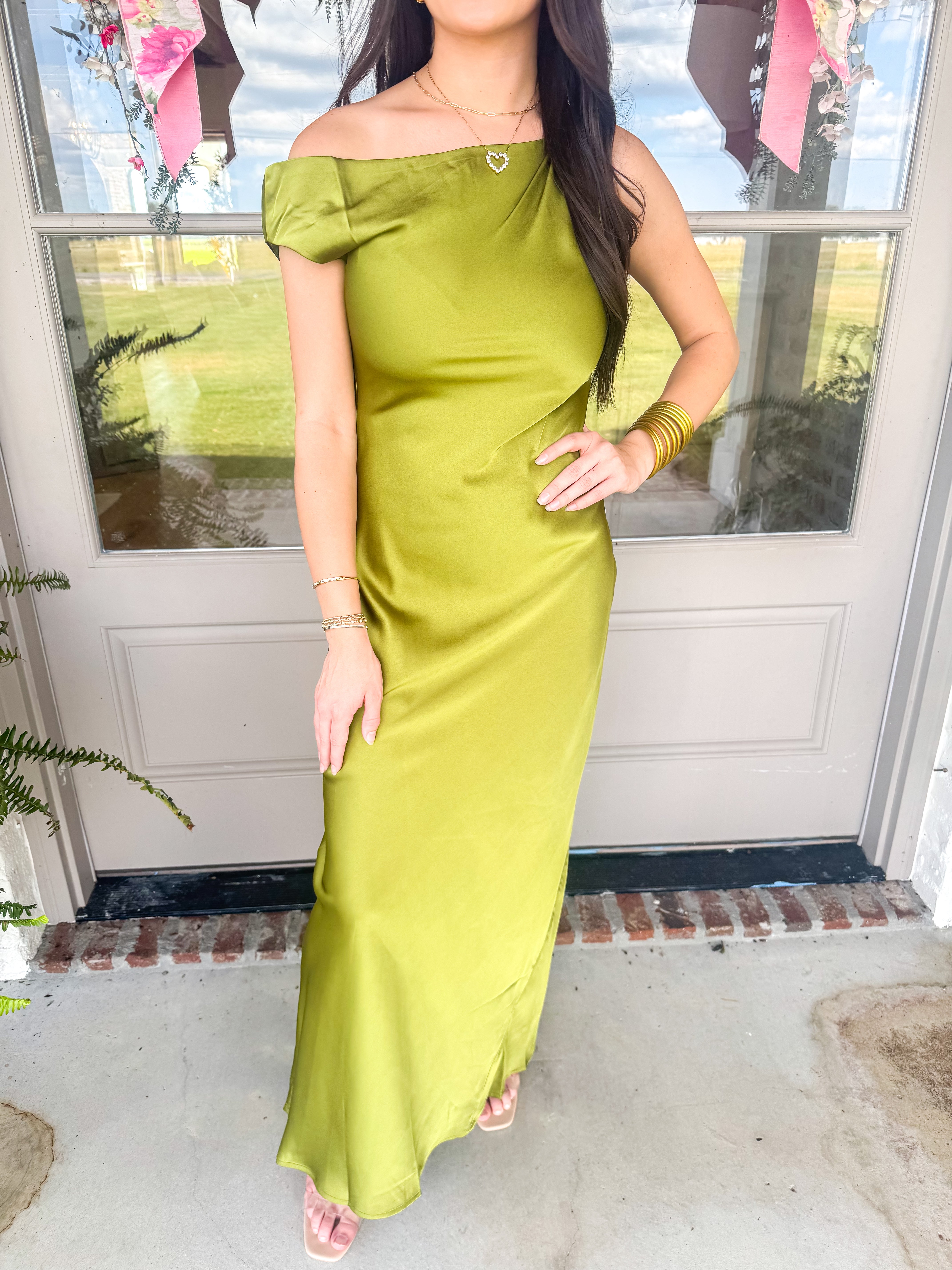 The Olive Hour One-Shoulder Satin Maxi Dress