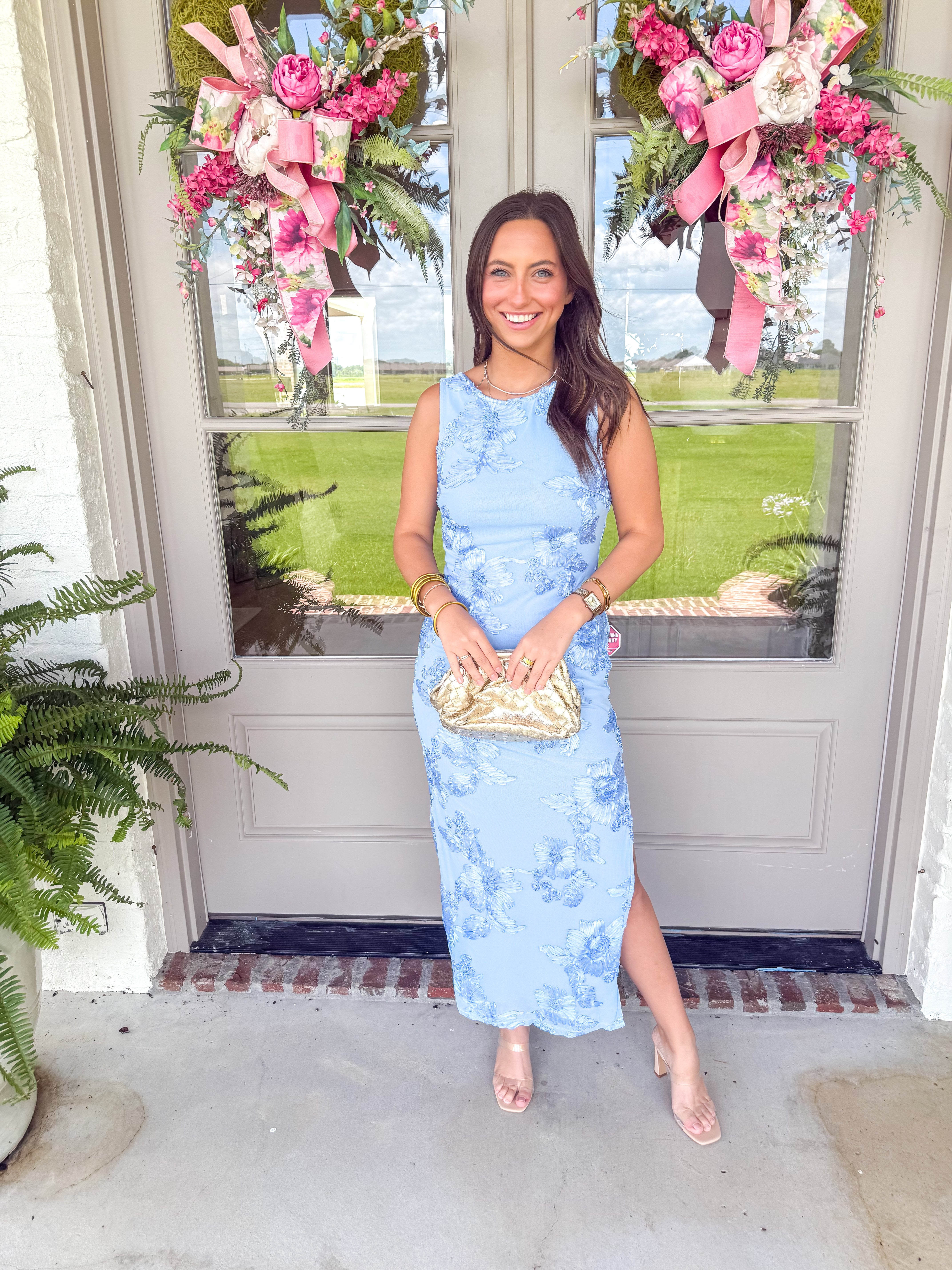Chambray Blue Floral Appliqué Midi Dress