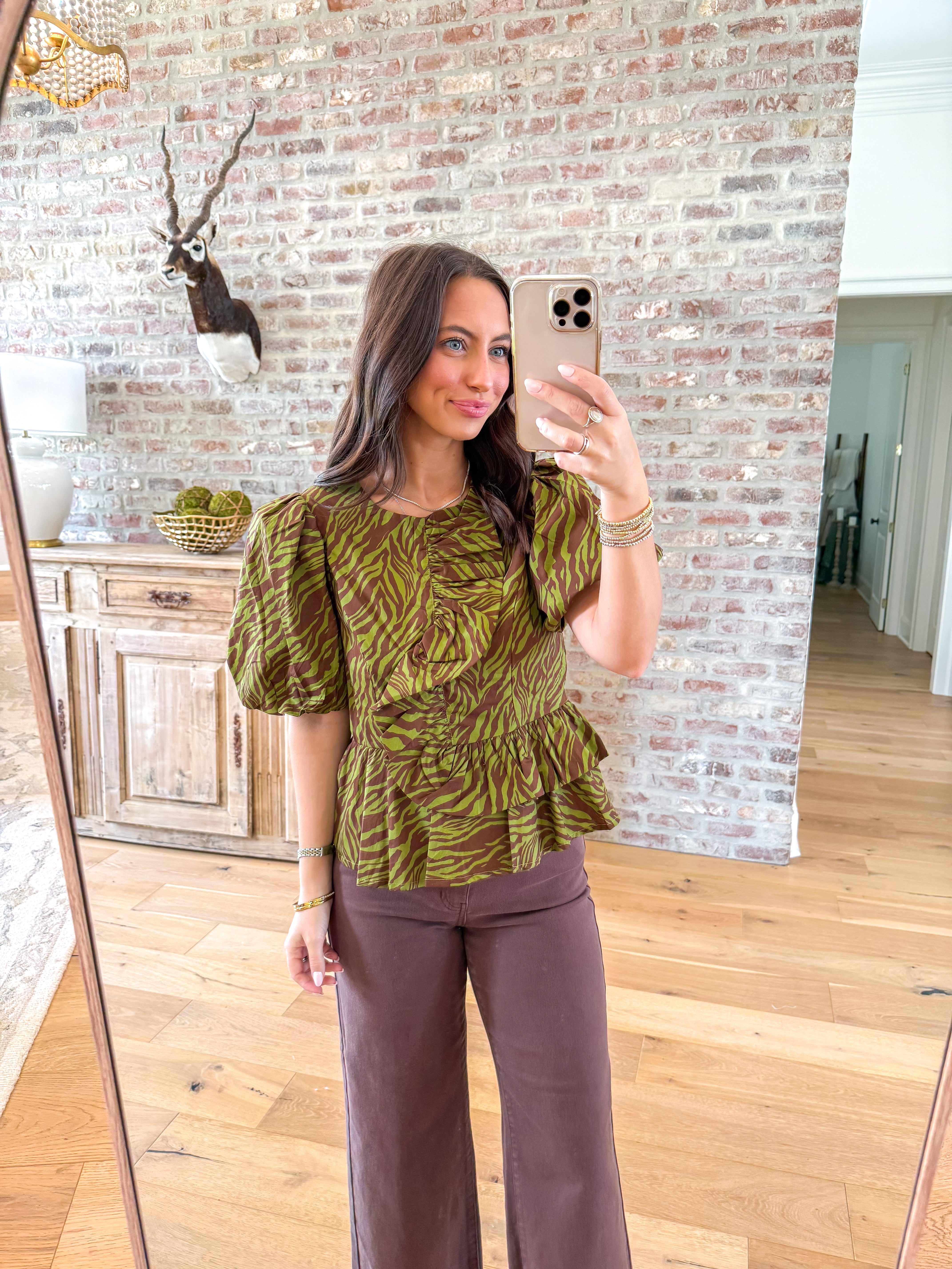 Tiger Stripe Puff Sleeve Blouse Olive