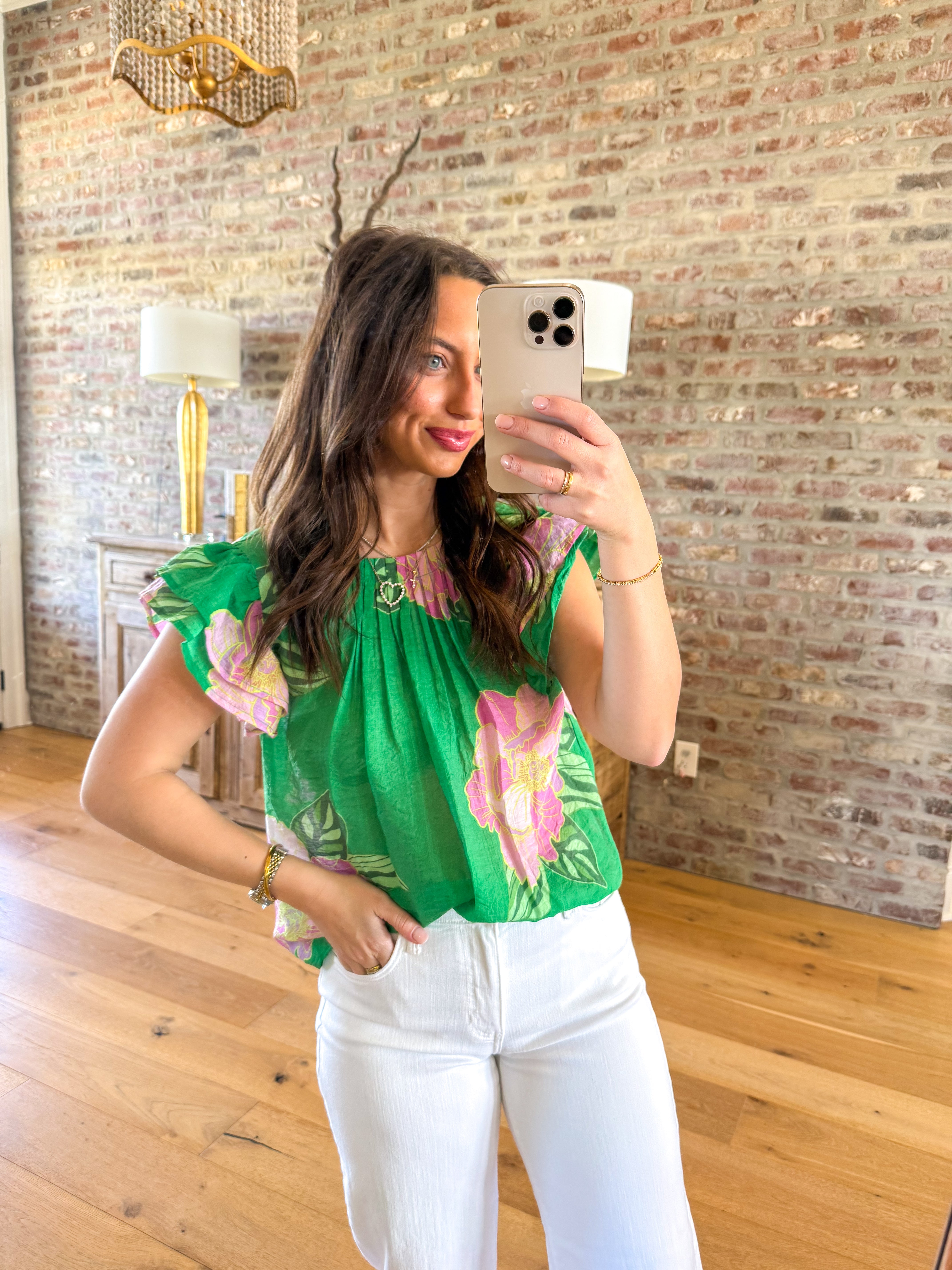 Green Floral Flutter Sleeve Top