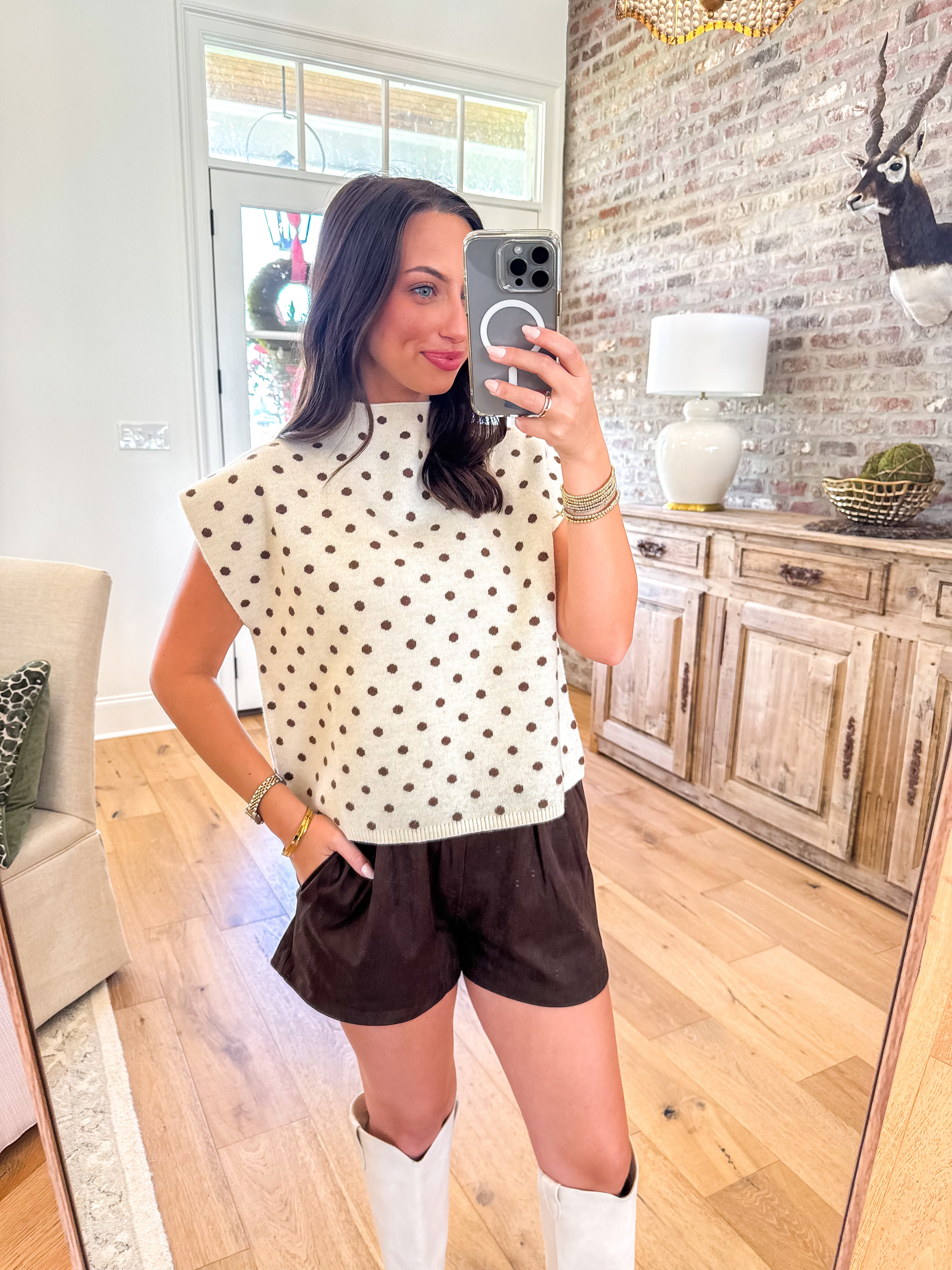 Dot Your I's Mock Neck Top Ecru