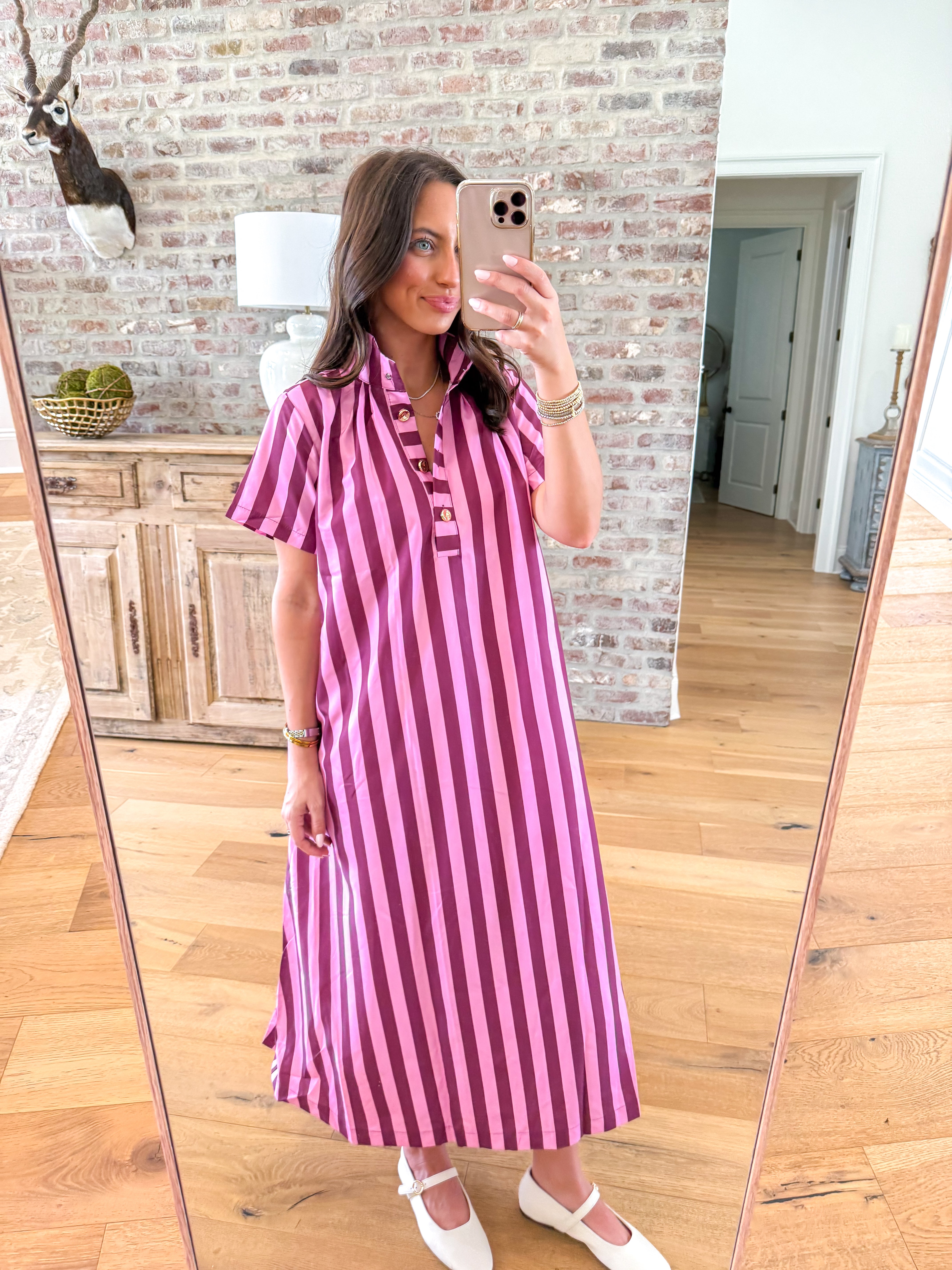 Berry Stripe High-Neck Midi Dress