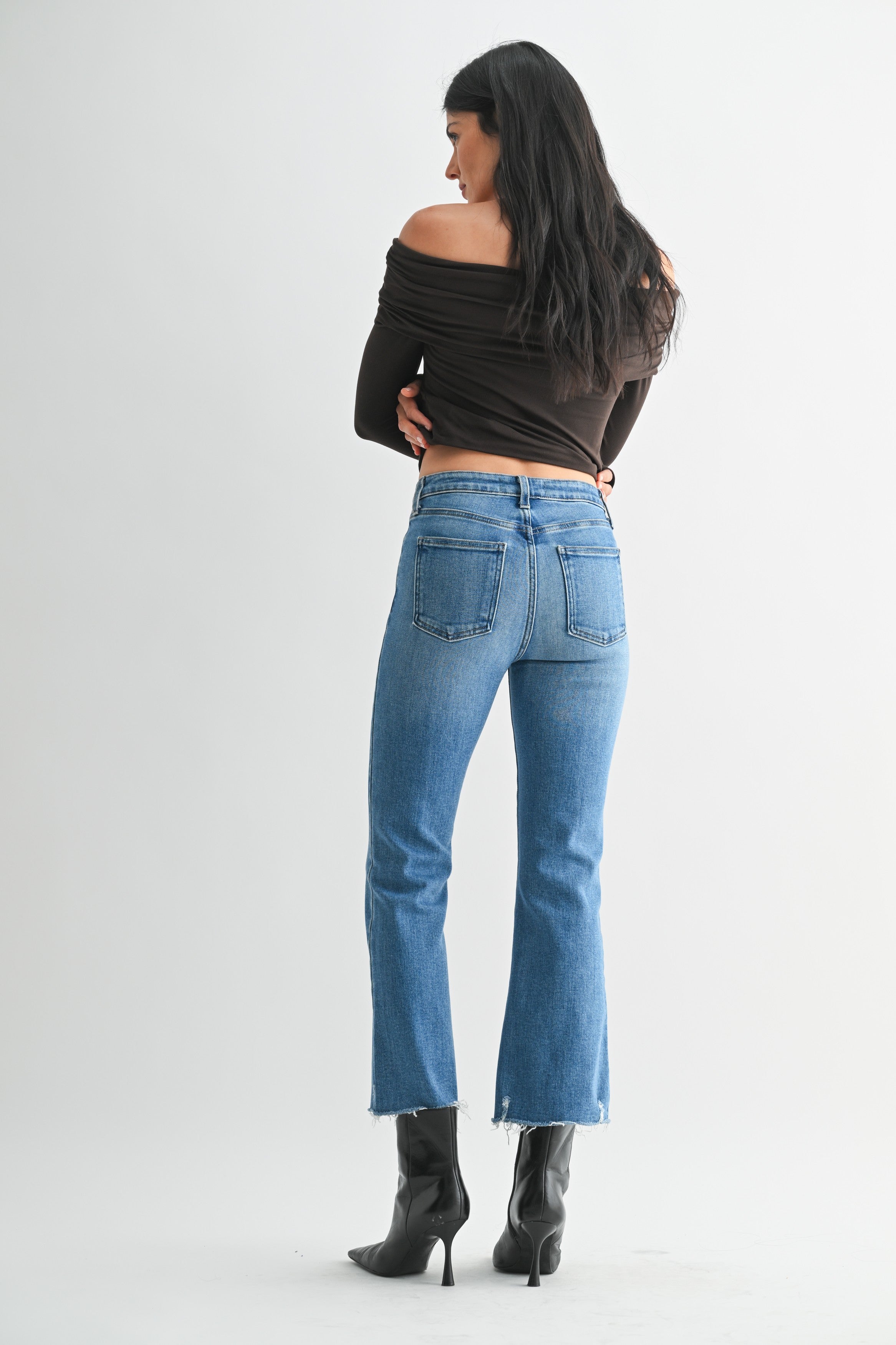 Medium Denim HR Crop Flare W/ Distressed Hem