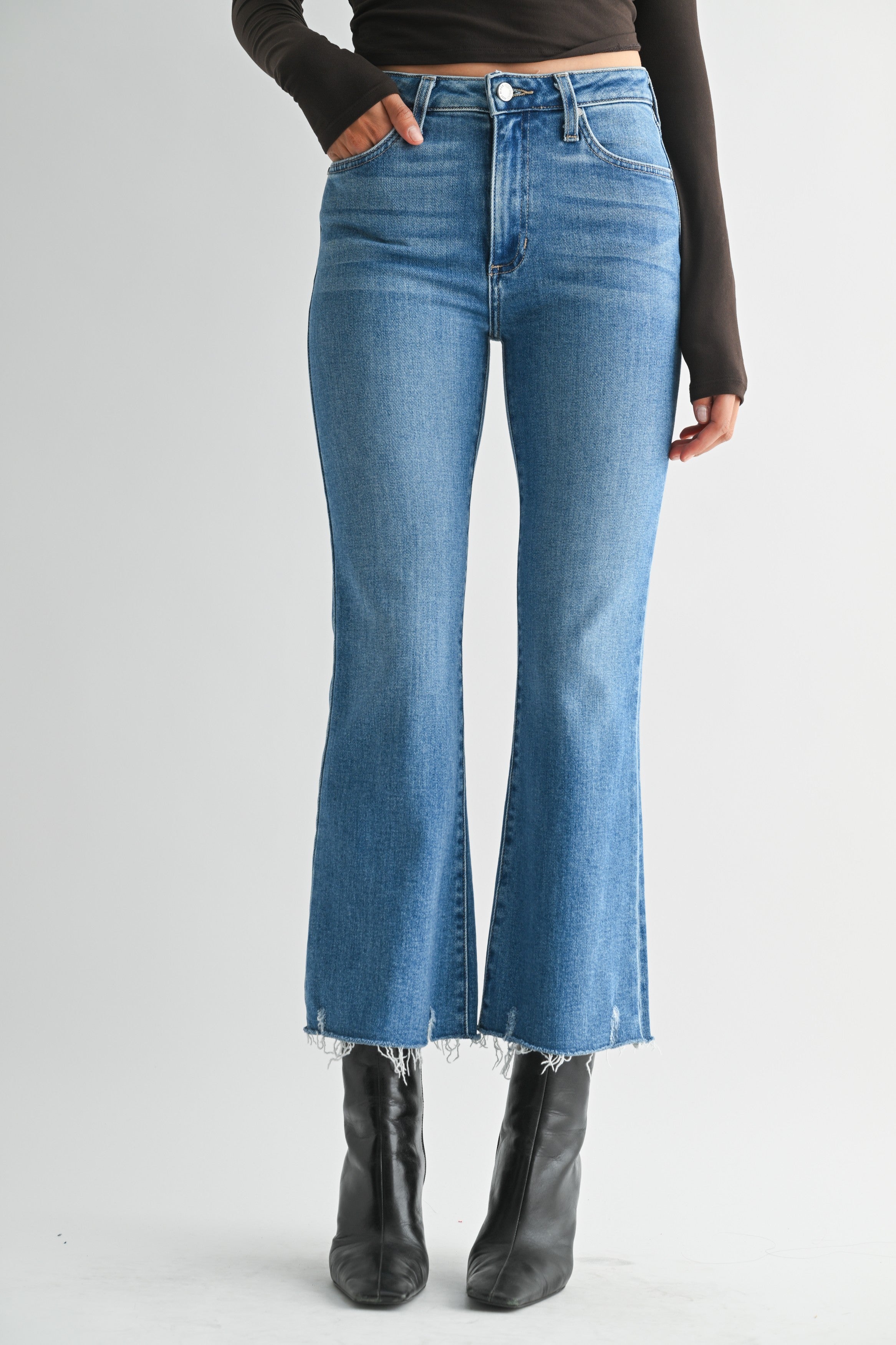 Medium Denim HR Crop Flare W/ Distressed Hem
