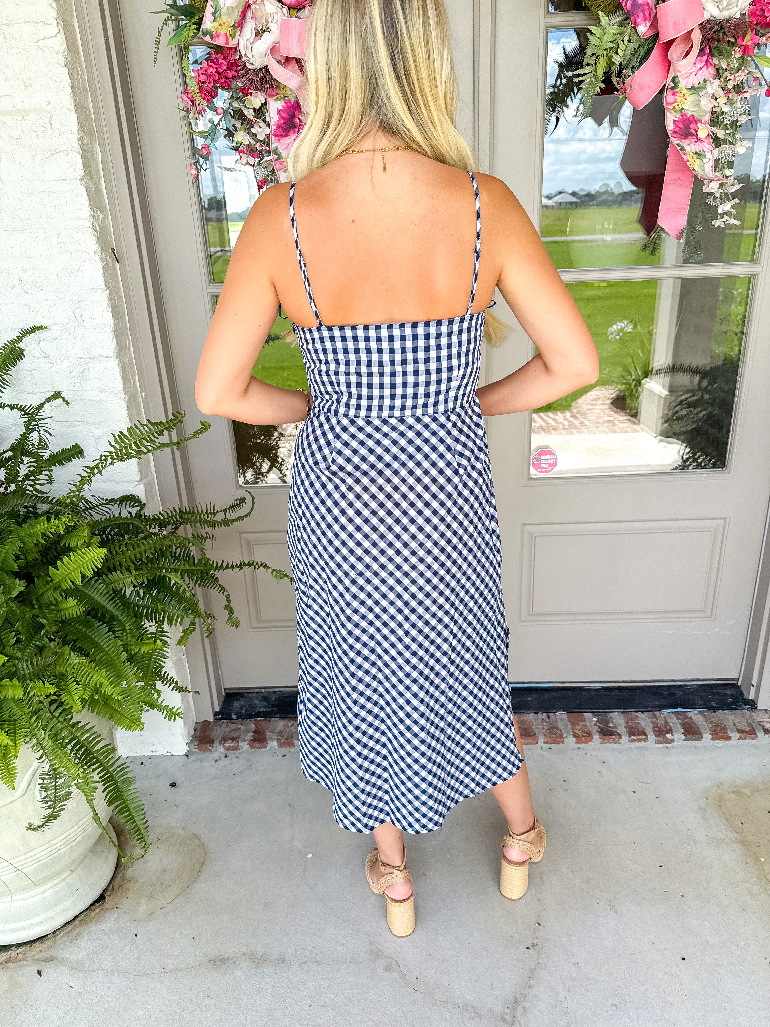 Florence Navy Gingham Slip Midi Dress