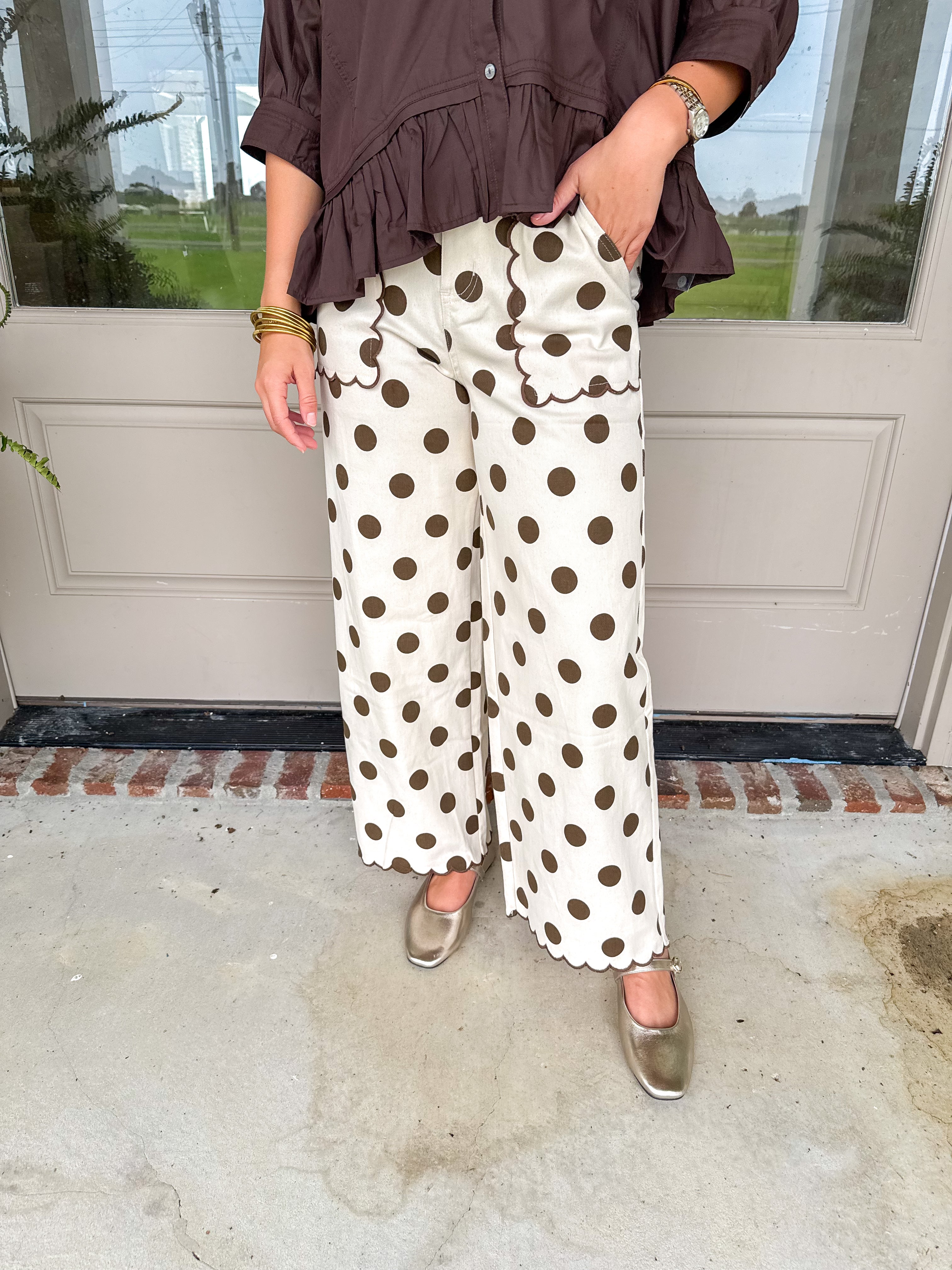 Scalloped Polka Dot Wide-Leg Pants Ecru/Brown