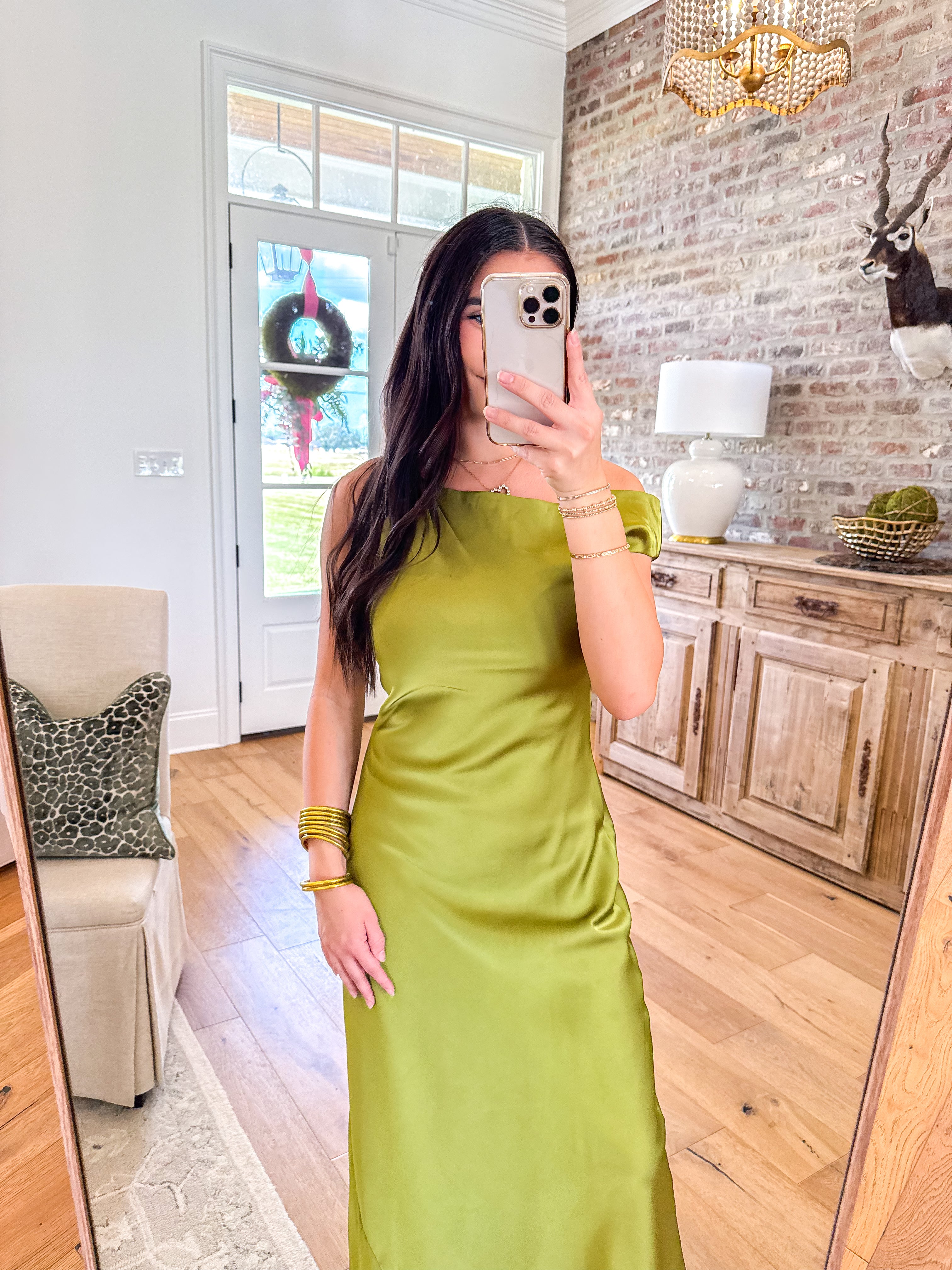 The Olive Hour One-Shoulder Satin Maxi Dress