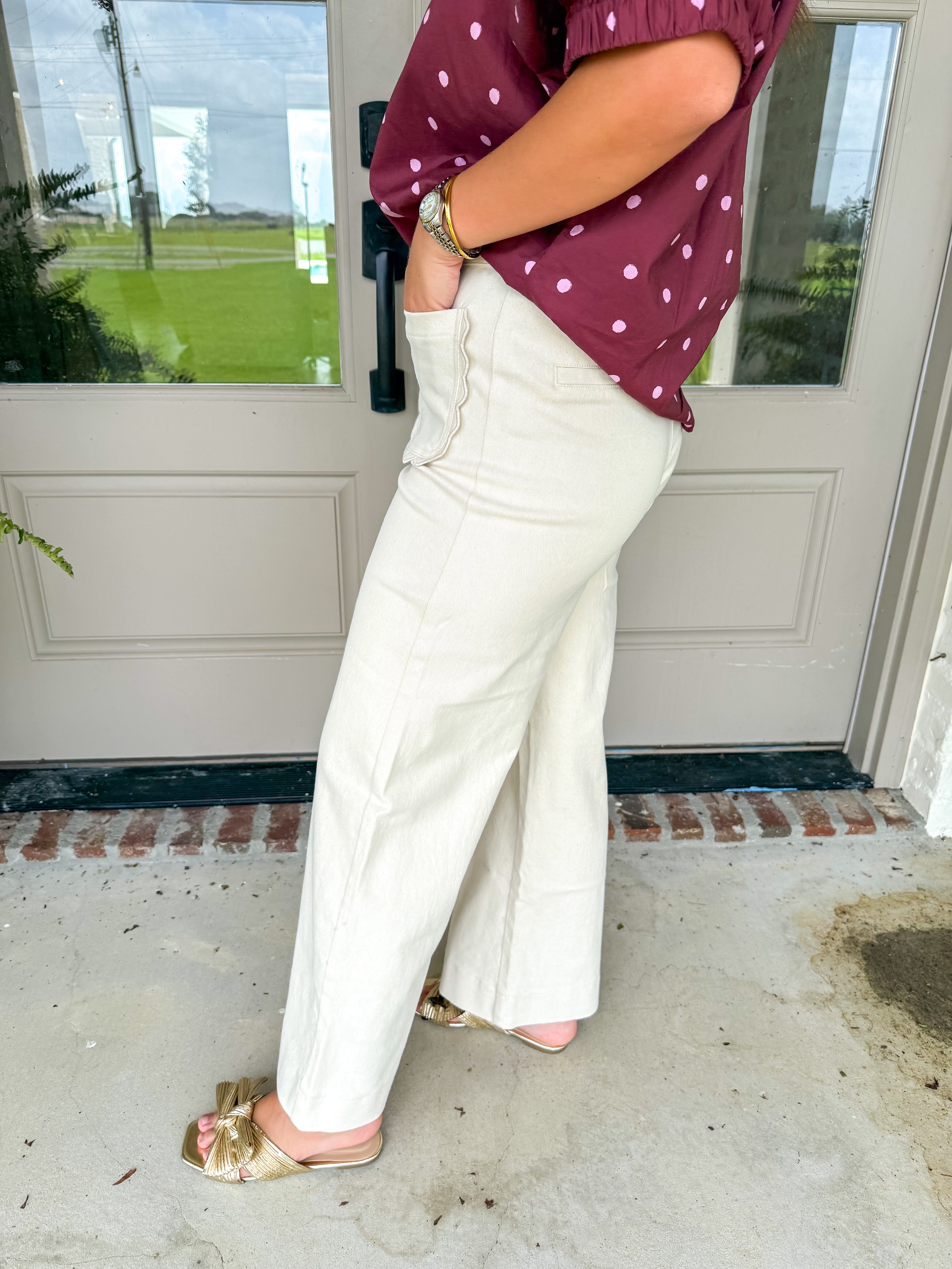 Scalloped Wide Leg Trousers Ecru