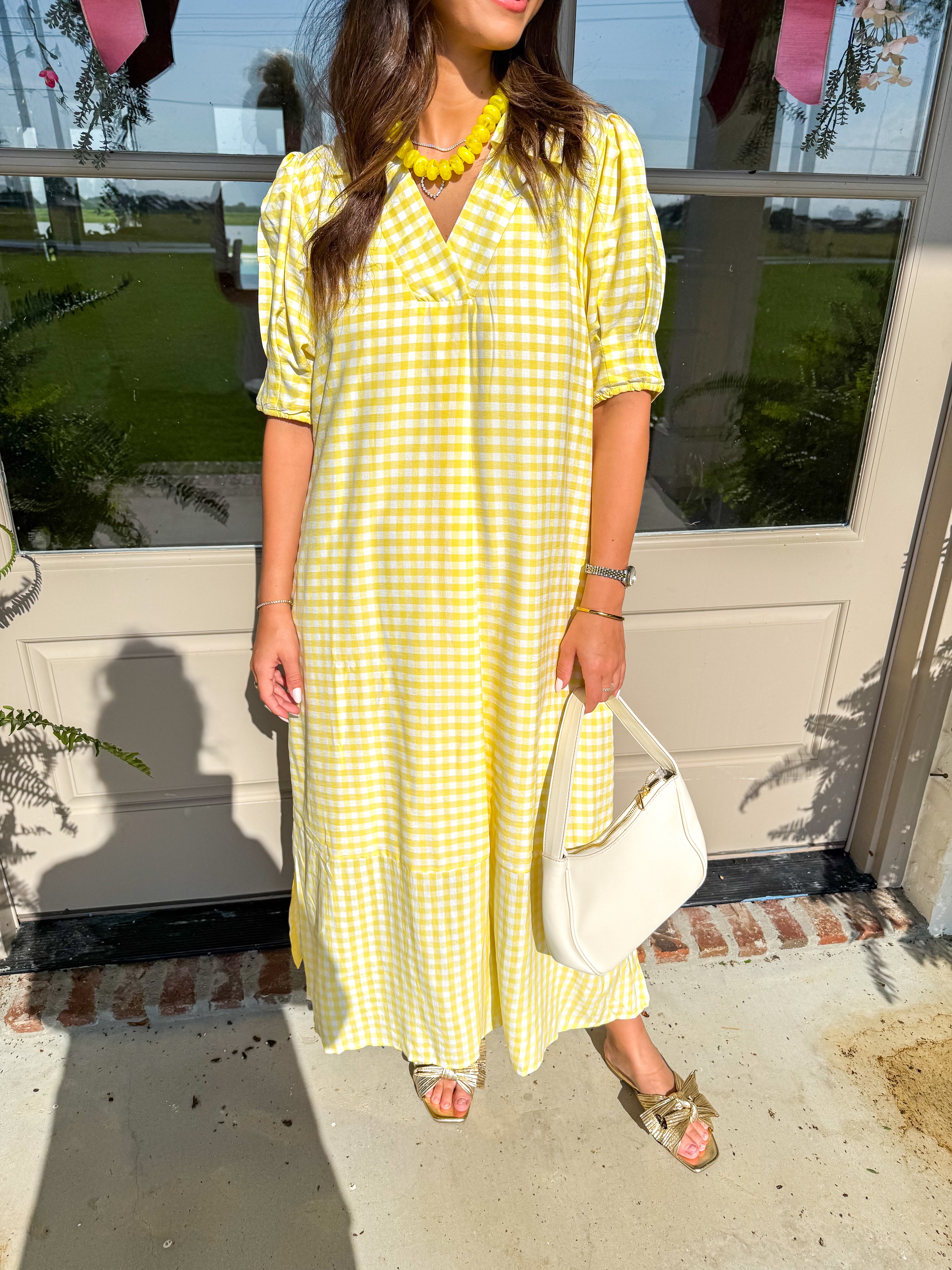 Lemon Gingham Midi Dress