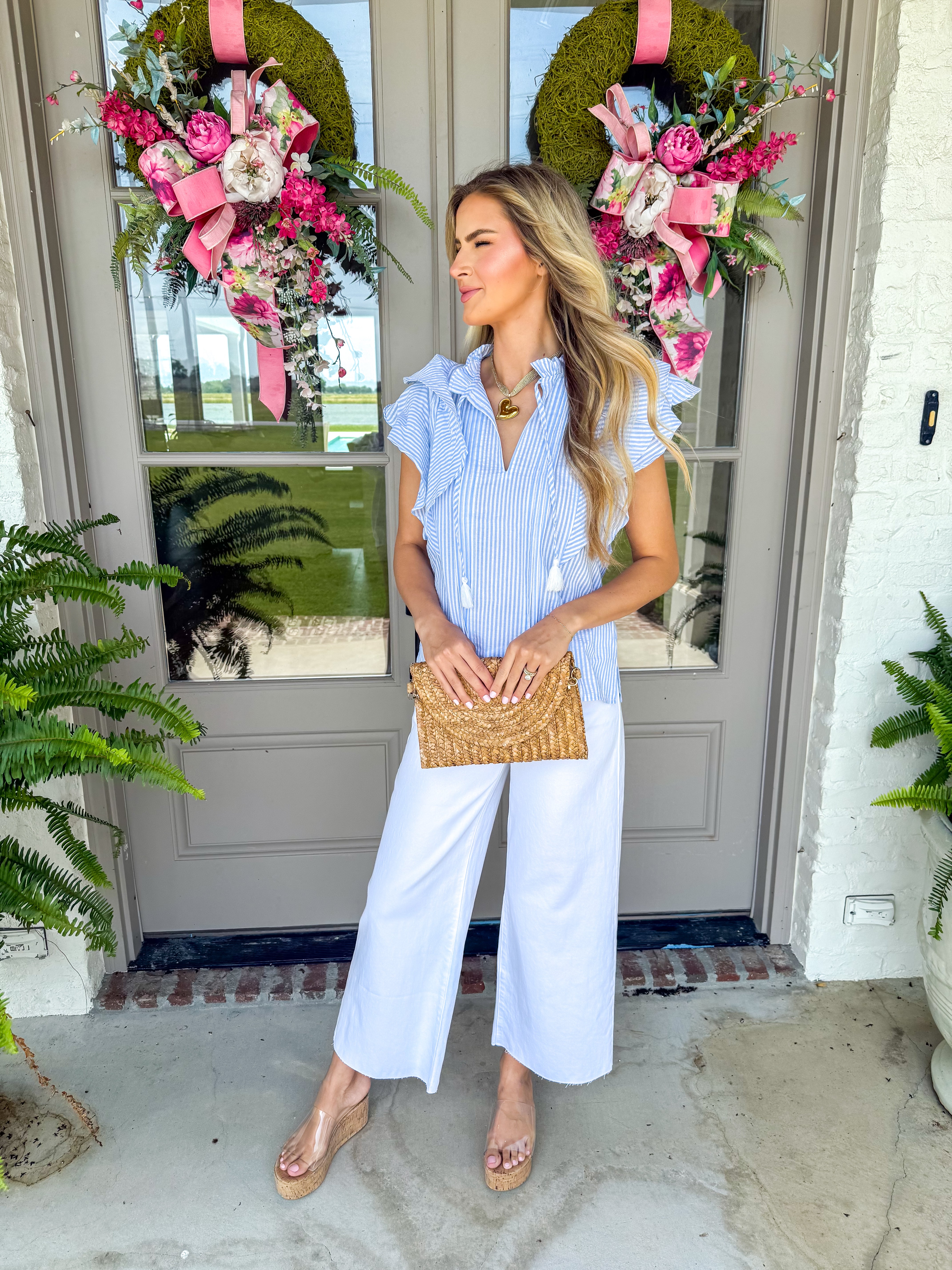 Denisse Blue Stripe Pintuck Ruffle Blouse