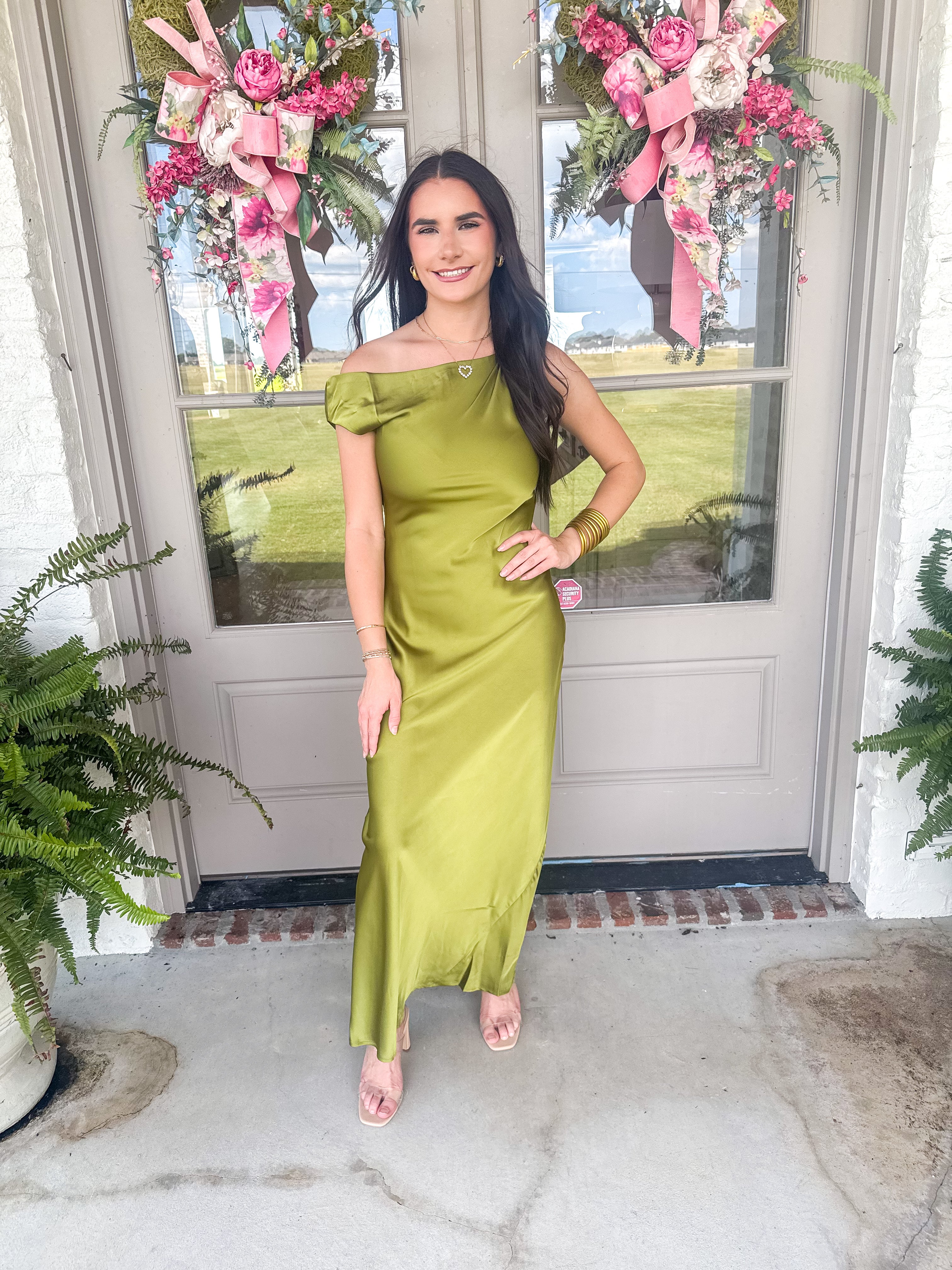 The Olive Hour One-Shoulder Satin Maxi Dress