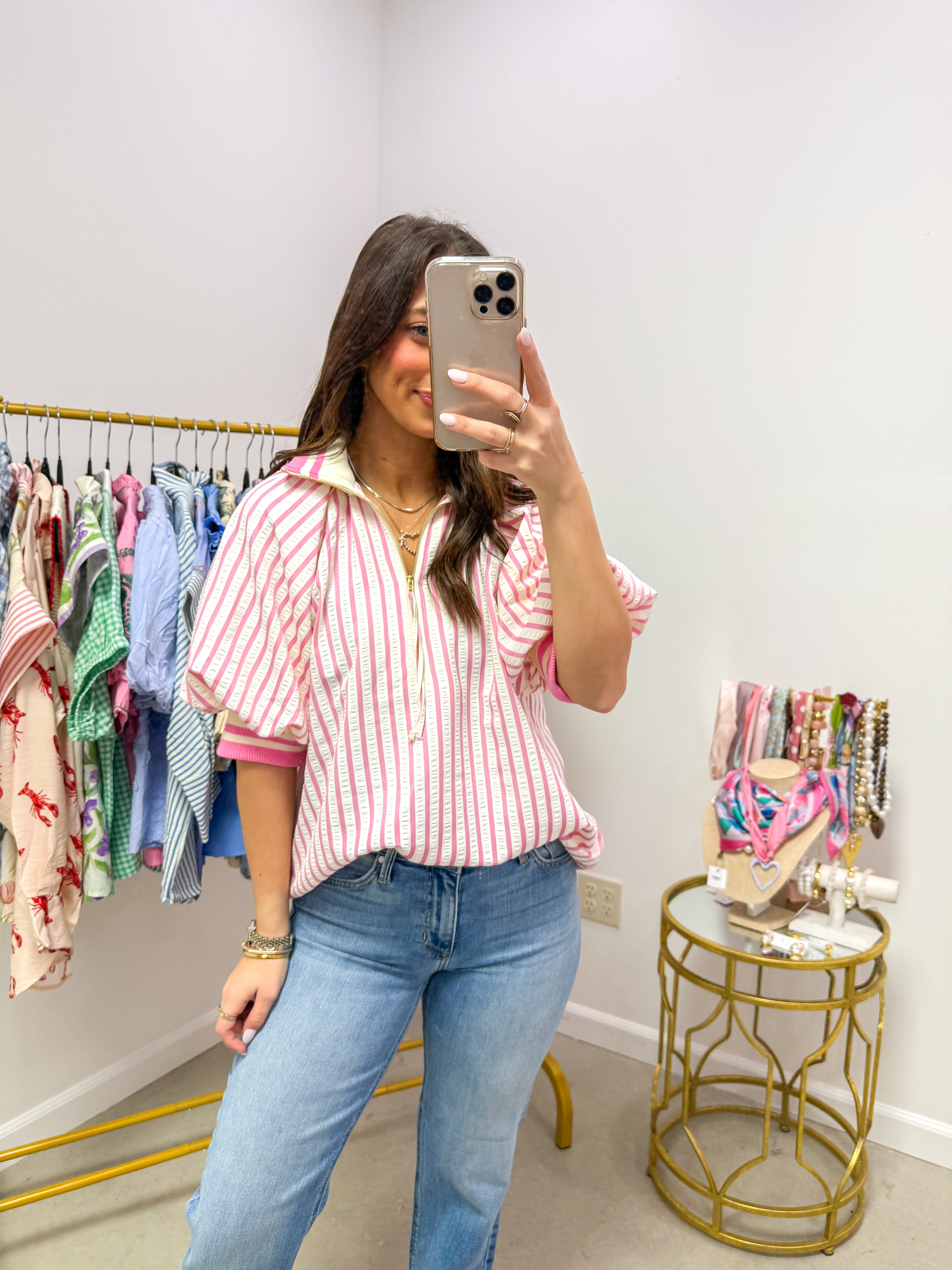 Cozy Striped Pink Quarter Zip Top