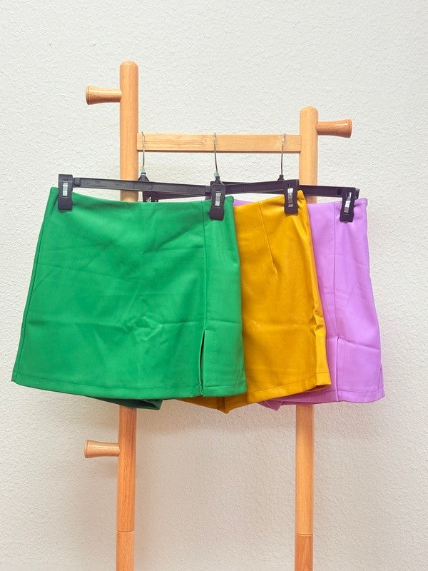 Kelly Green Vegan Leather Side Slit Skort