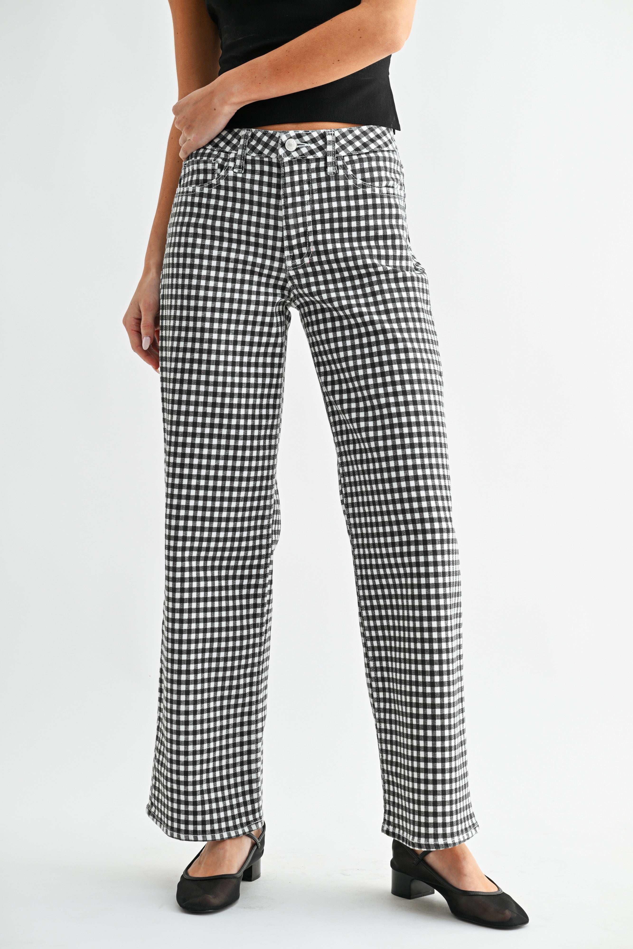 Black Gingham Mid Rise Straight