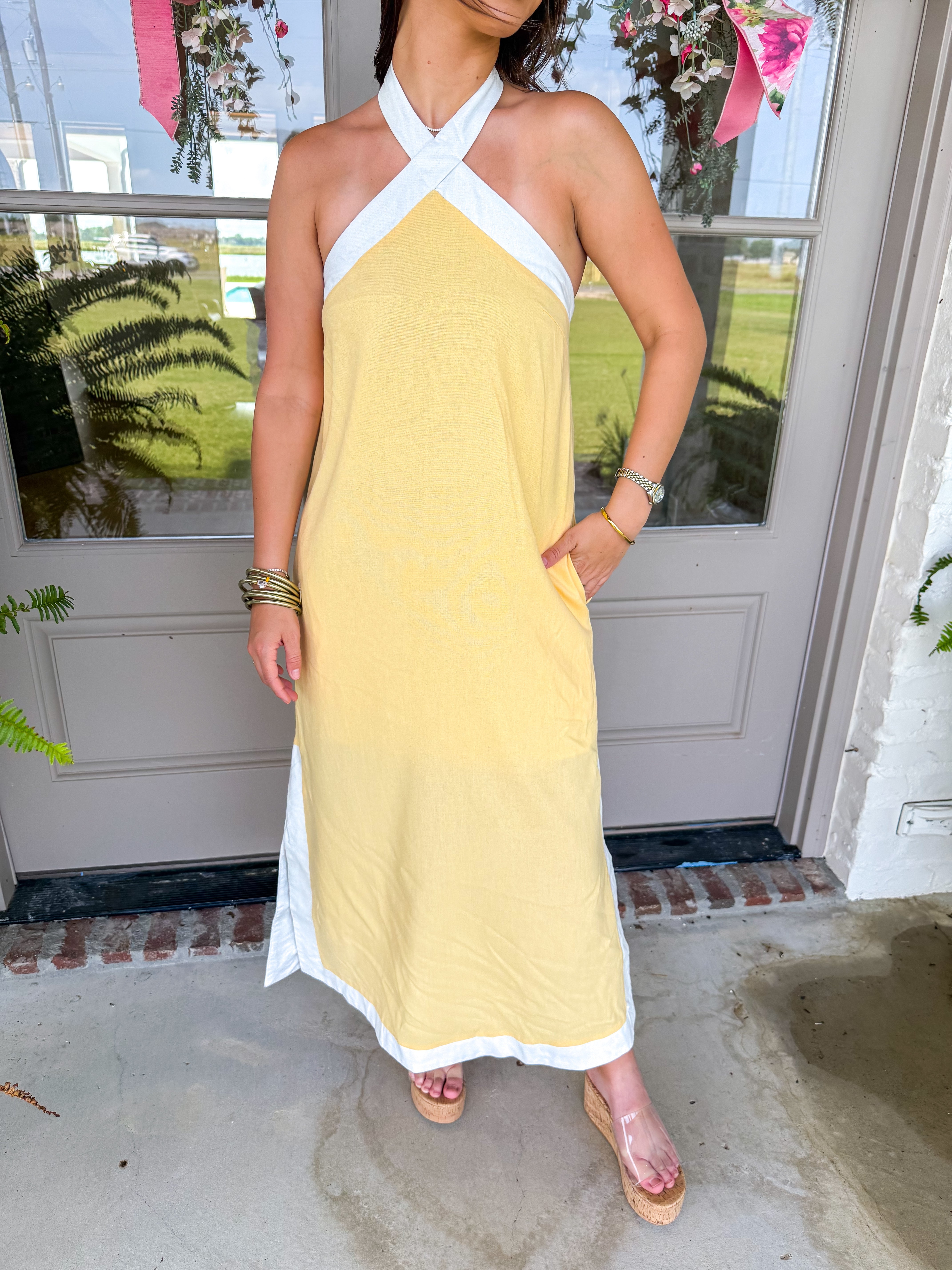 Sunshine & Shadow Halter Midi Yellow