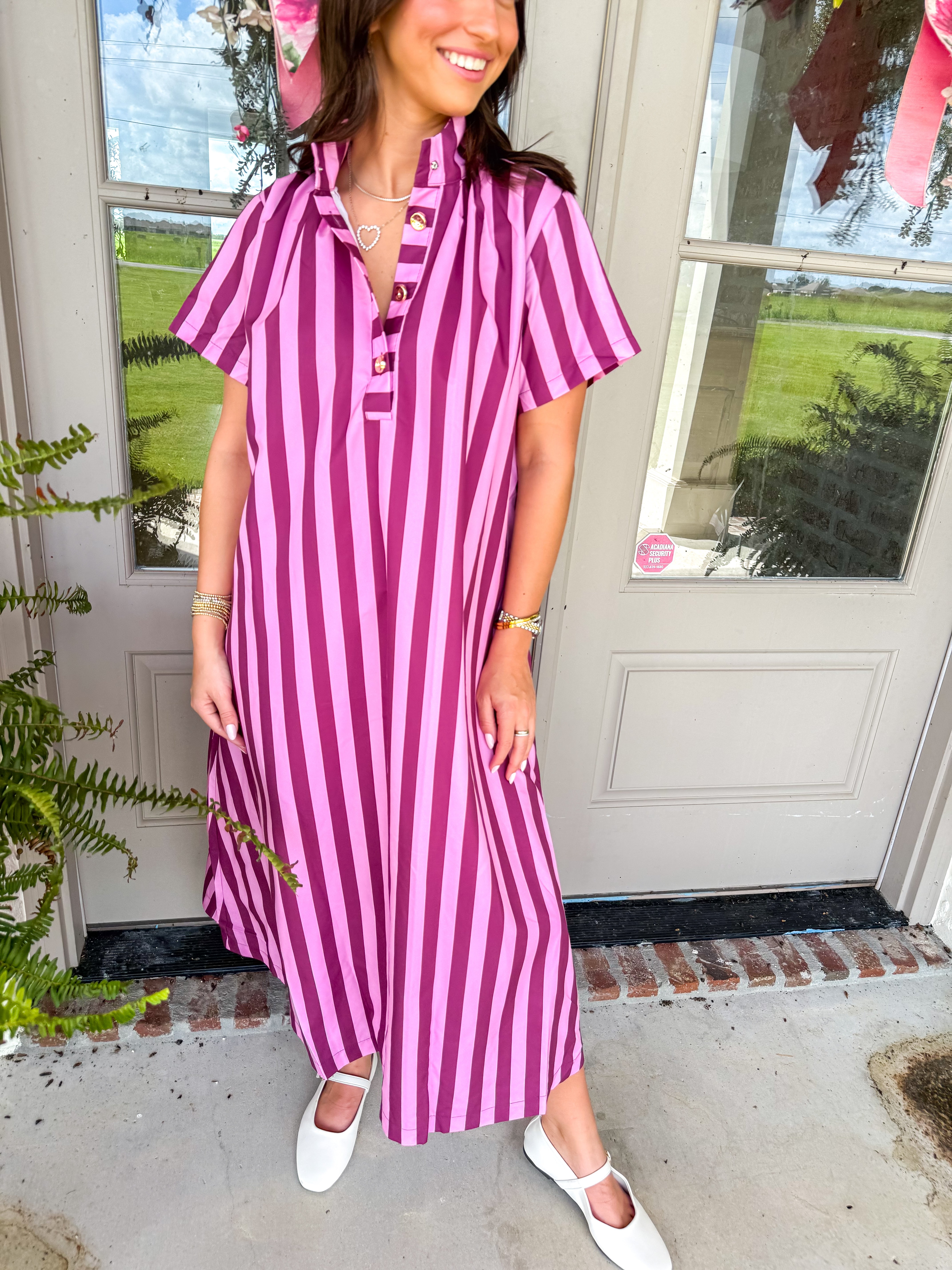 Berry Stripe High-Neck Midi Dress