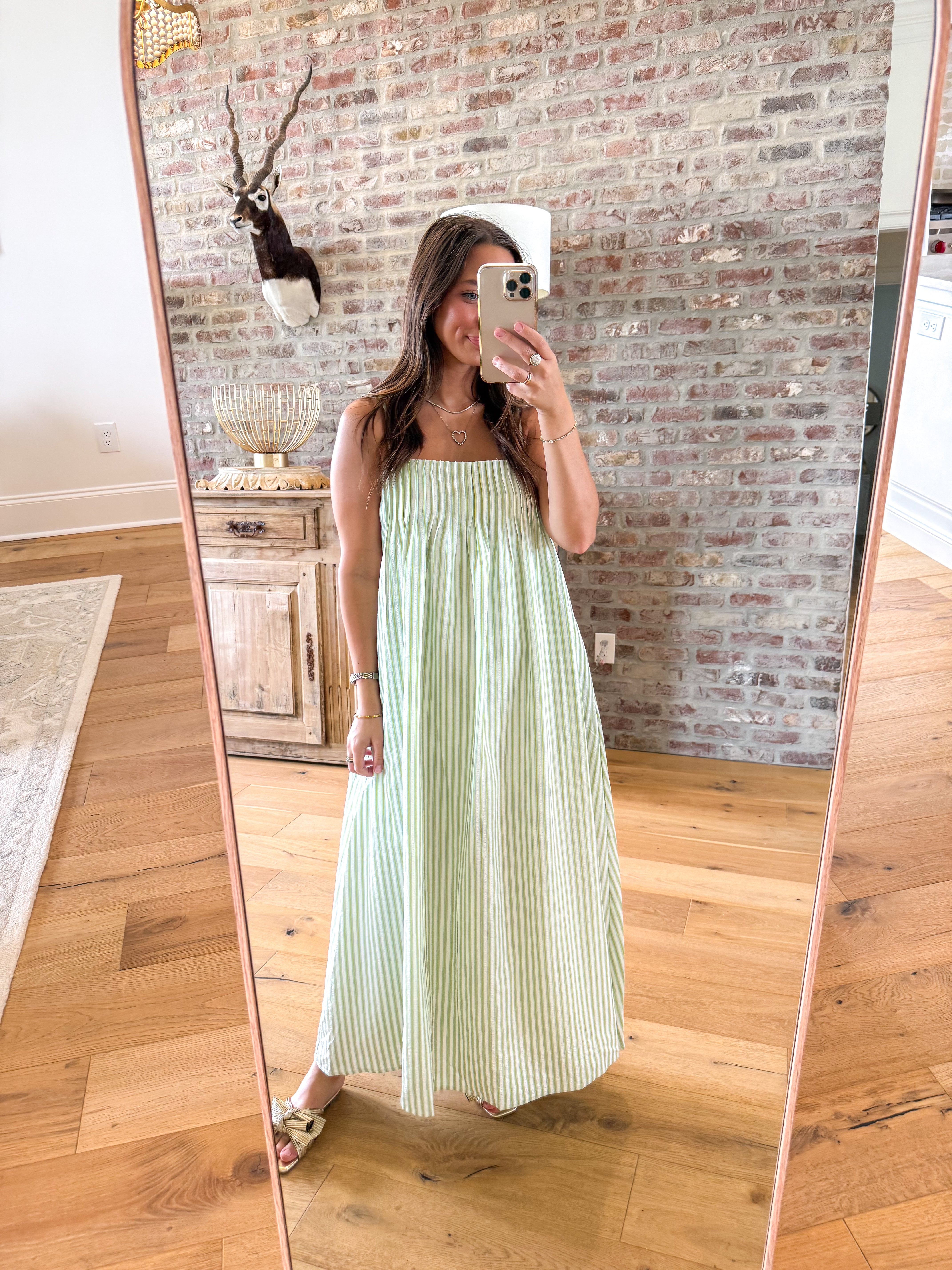 Sage & White Stripe Pleated Maxi Dress