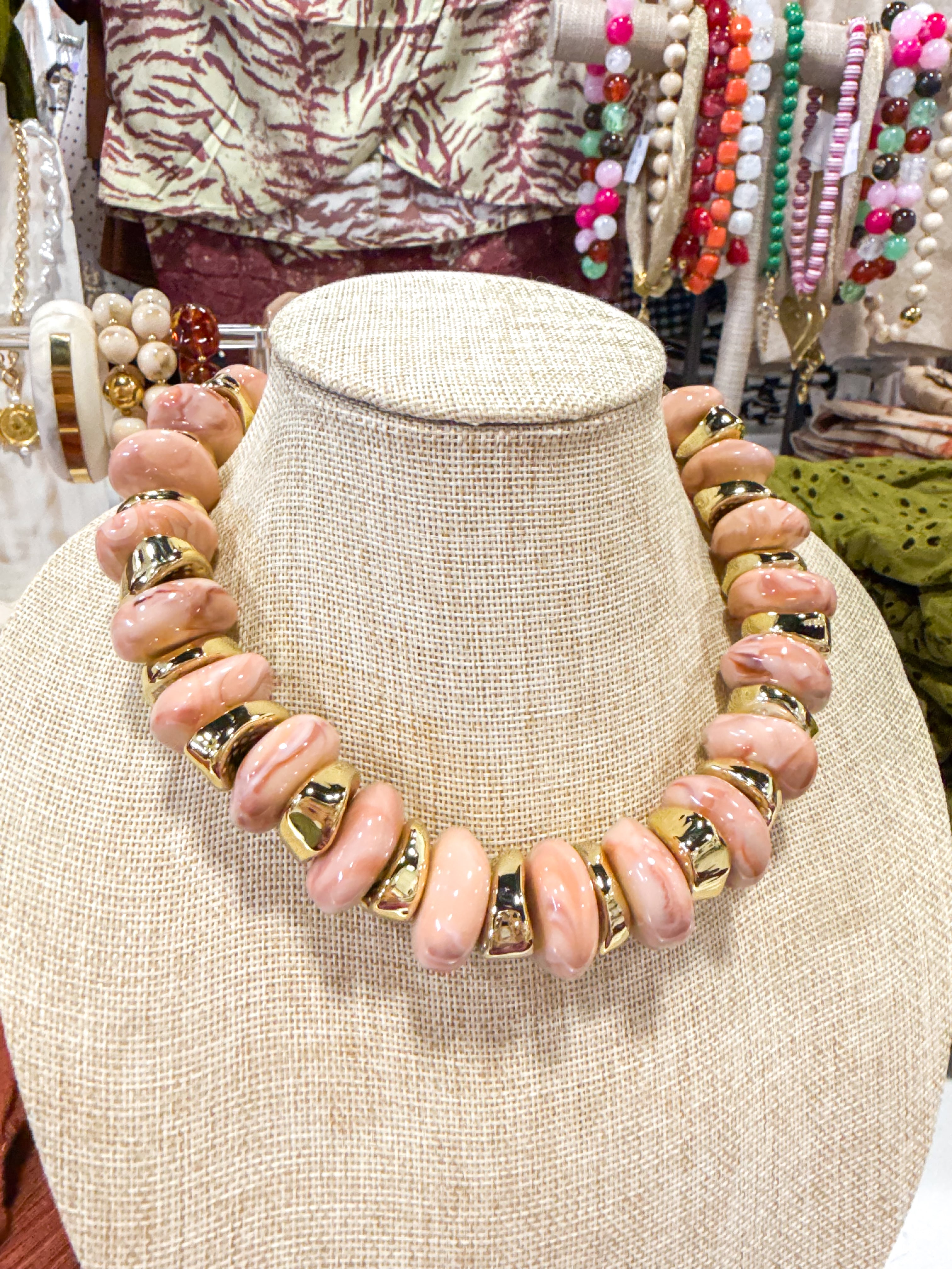 Chunky Rose Bead & Gold Necklace