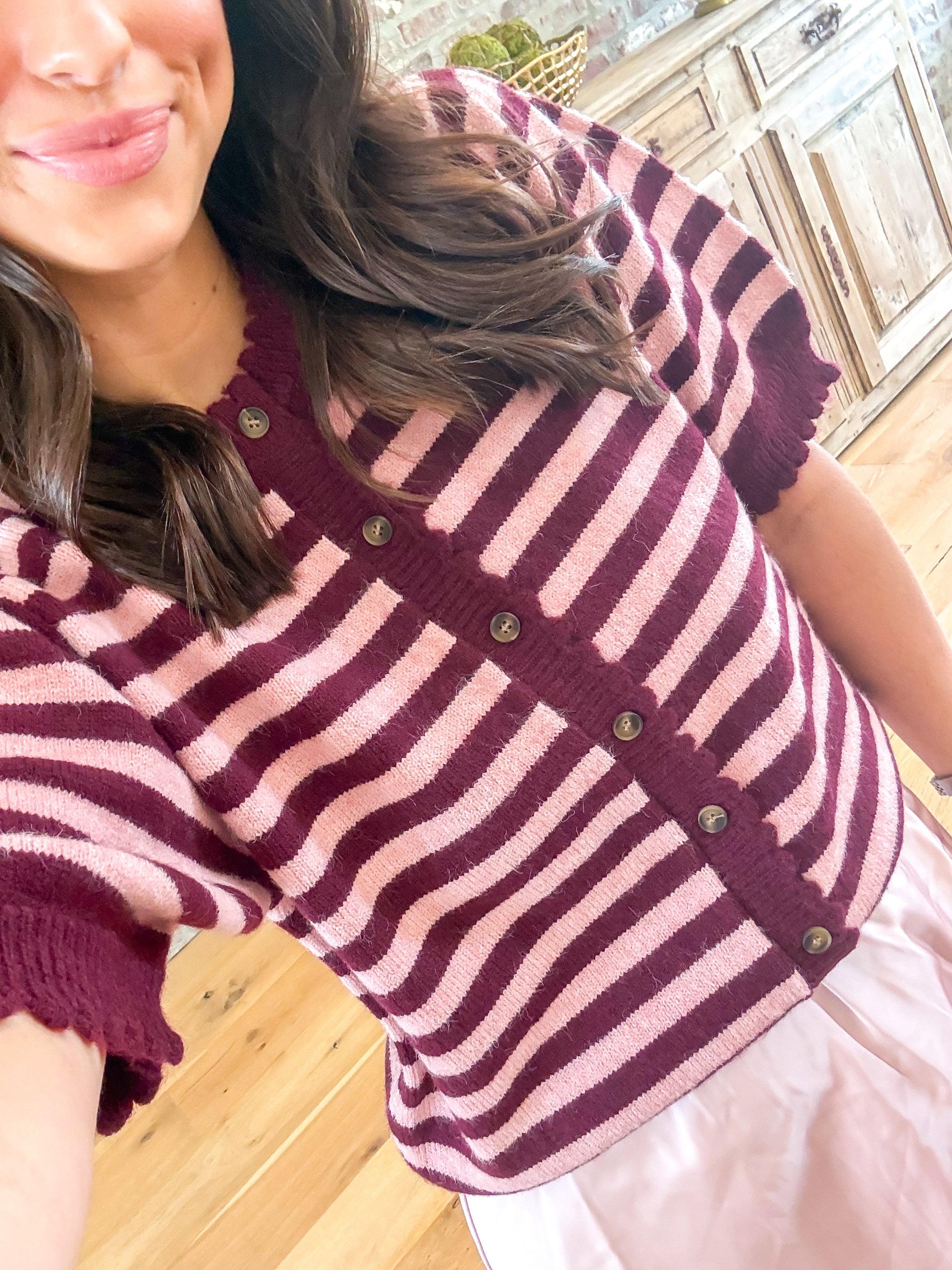 Scalloped Stripe Cardigan Burgundy/Pink