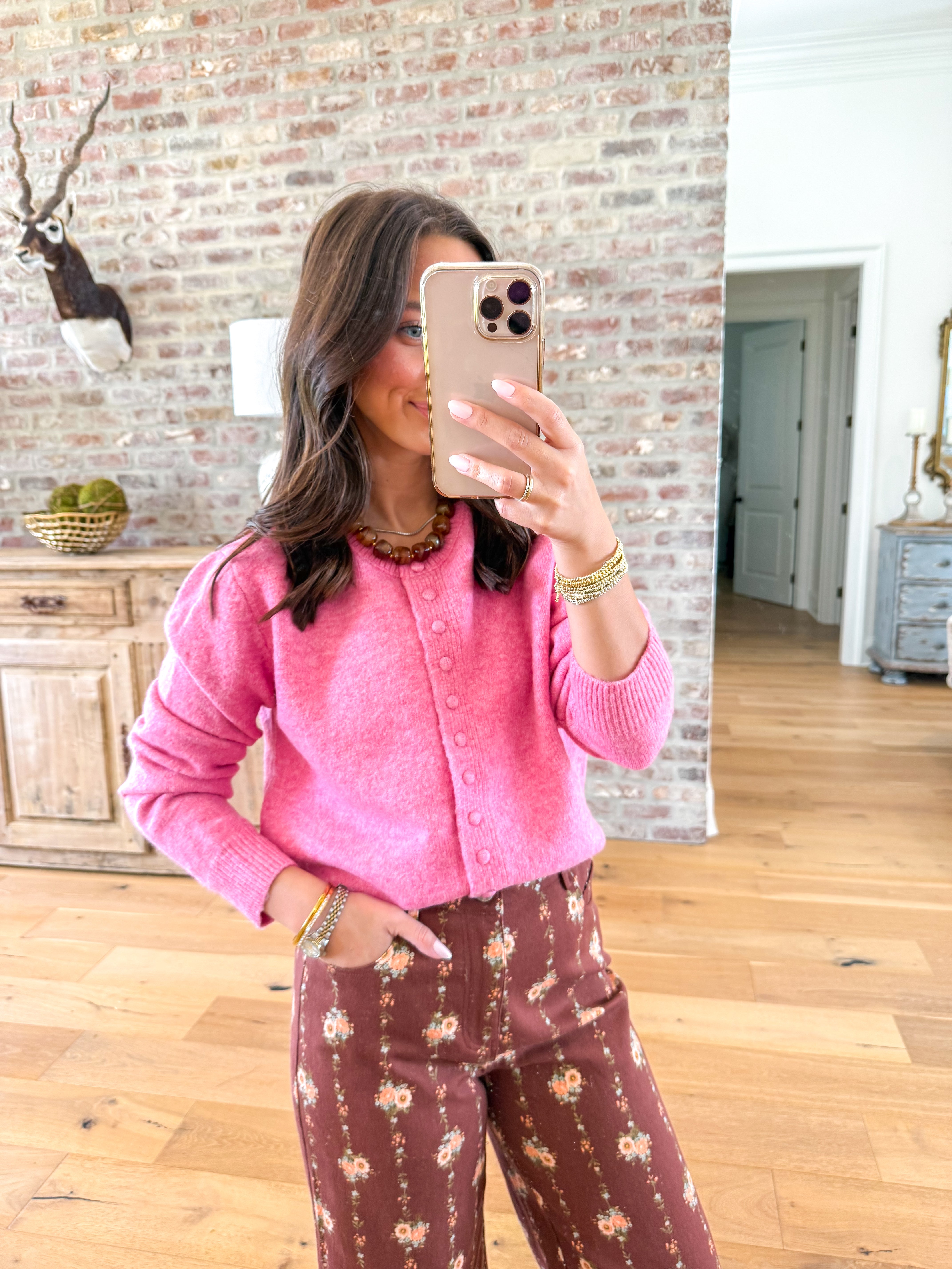 The Charlotte Covered-Button Cardigan Pink
