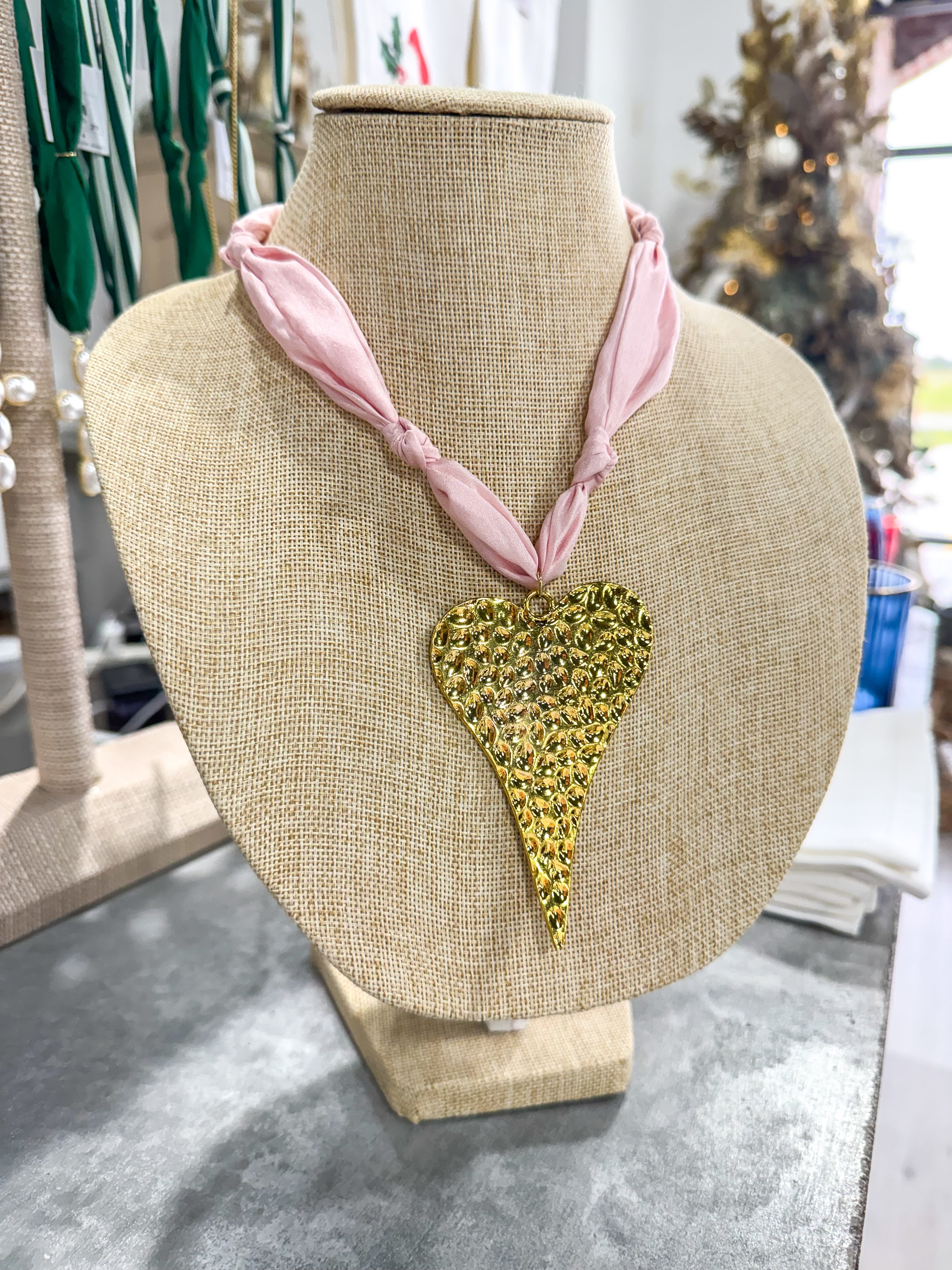 Pink Large Closed Heart Scarf Necklace