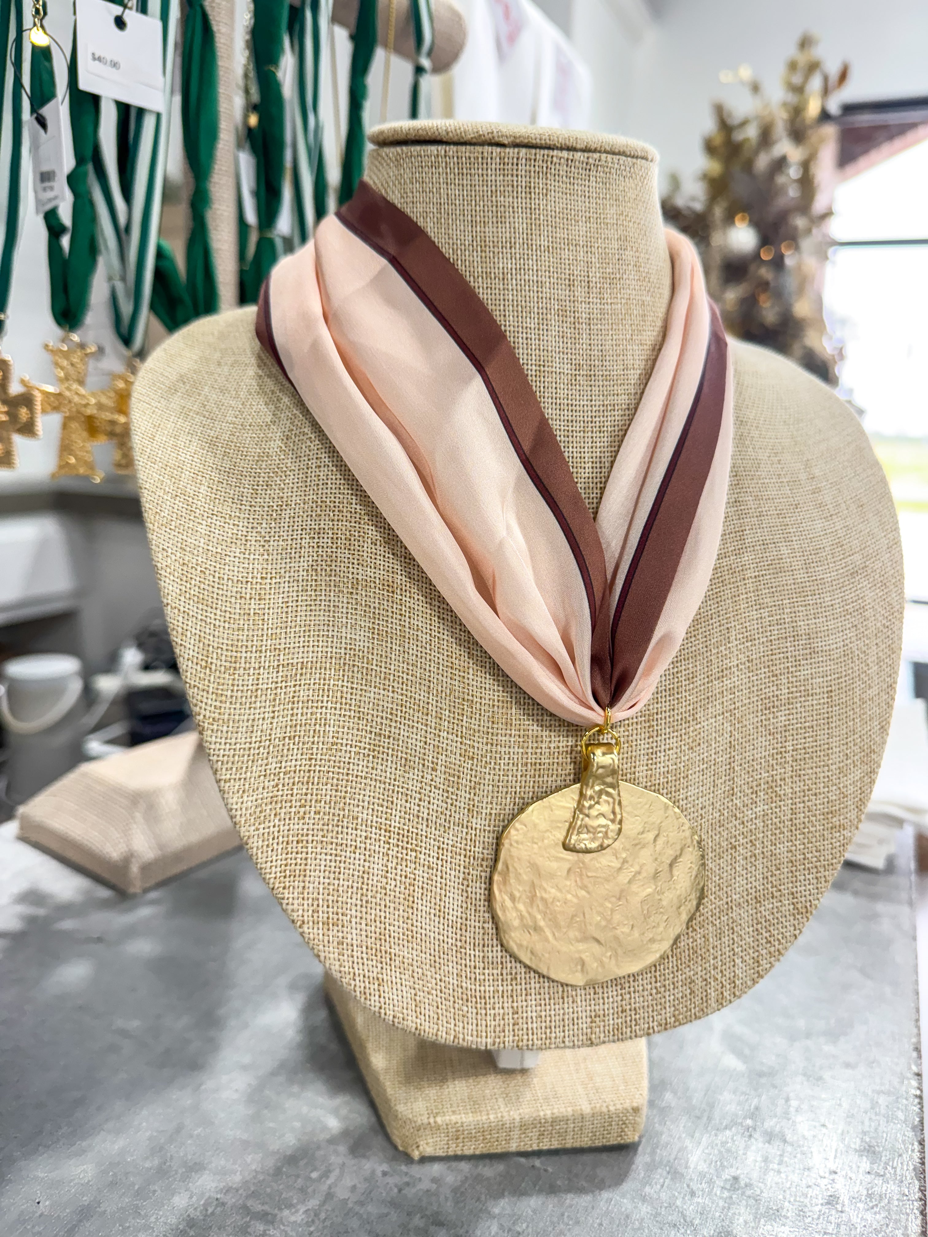 Pink & Brown Large Scarf Necklace Gold Circle Pendant